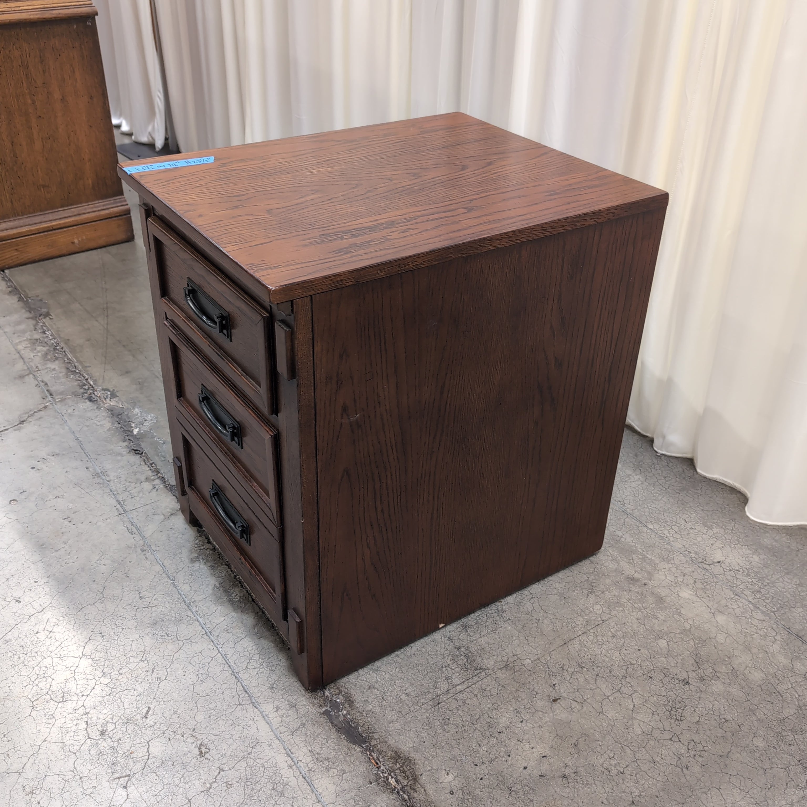 Brown Stained Hardwood Three-Drawer Nightstand with Black Hardware
