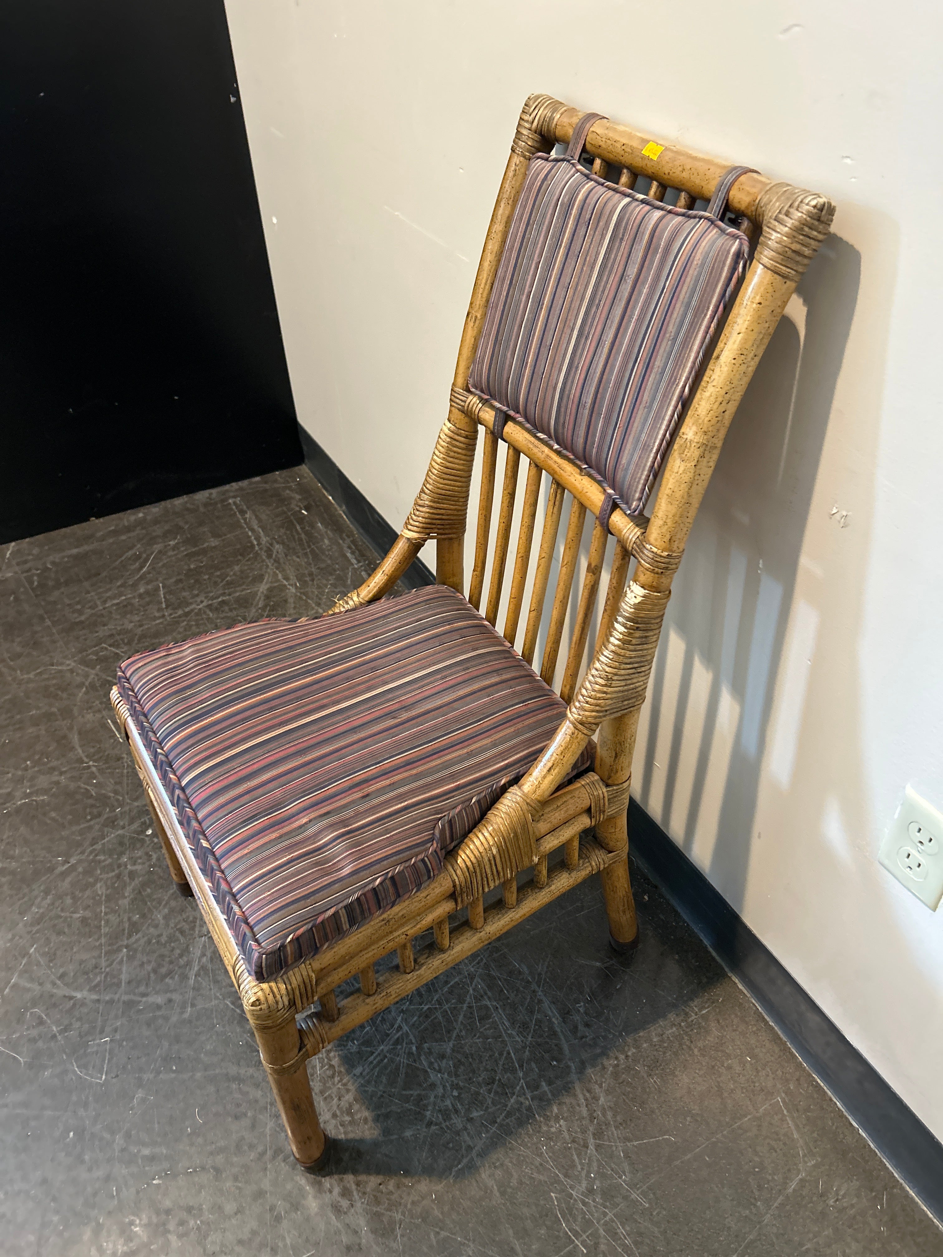 Henredon Bamboo Rattan Dining Chair Set – Striped Cushion, Armless