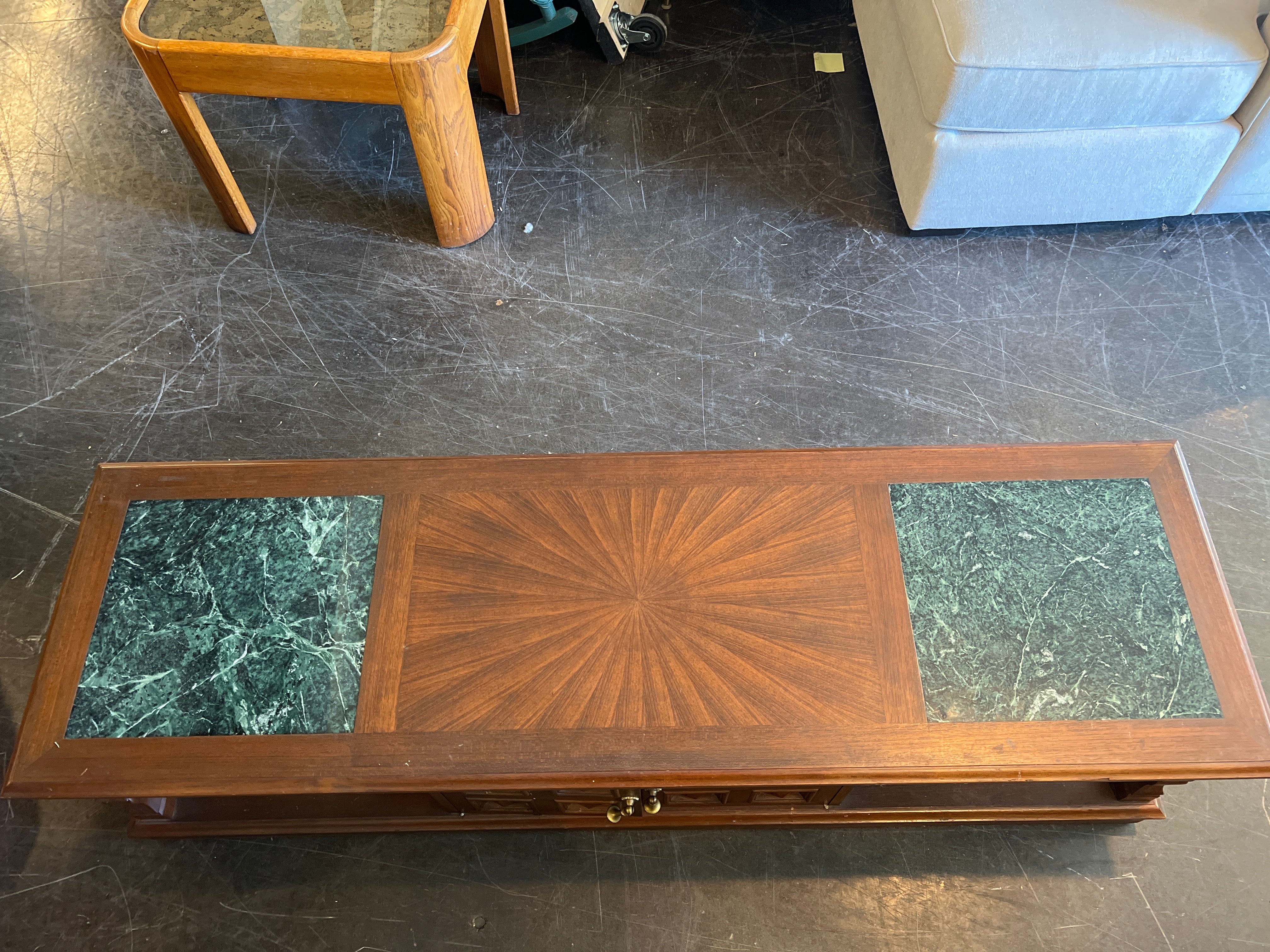 Mid Century Modern Solid Wood Coffee Table with Marble Details