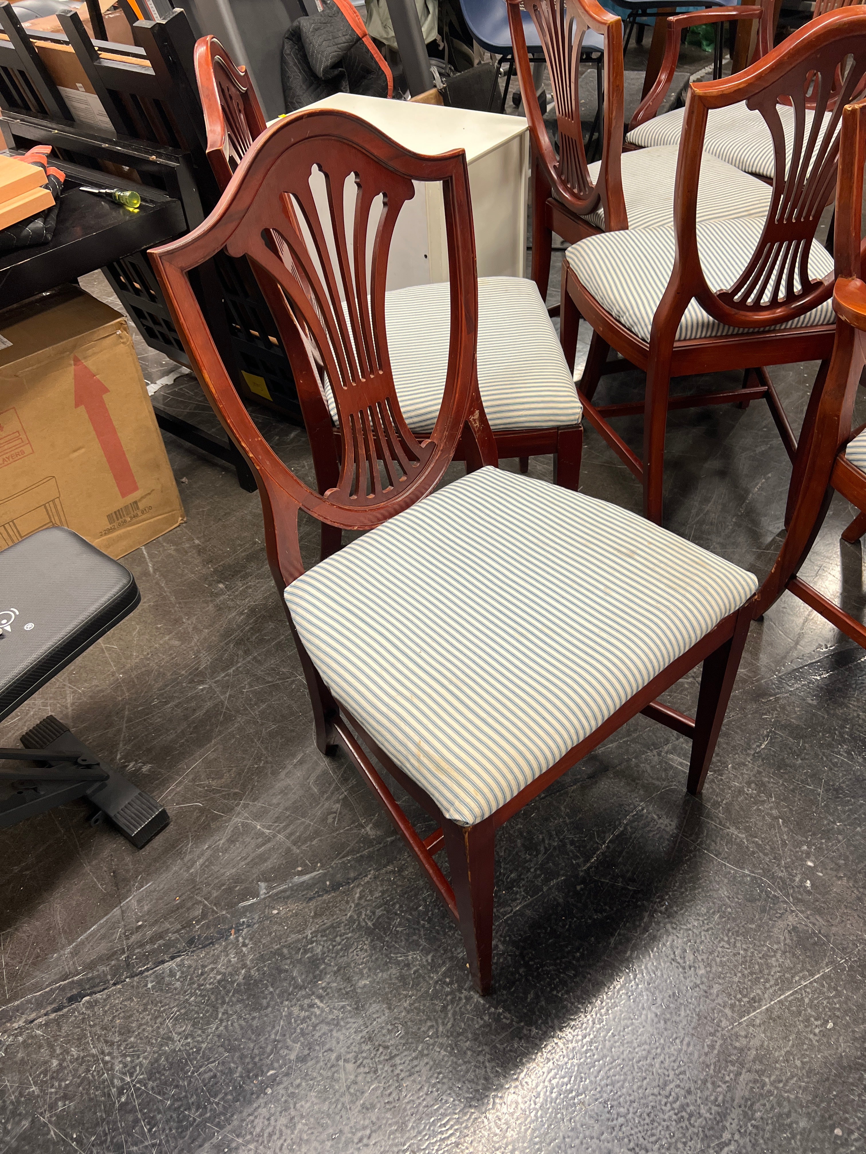 Classic Brown Hardwood Dining Chair with Blue Striped Seat (No Arms)