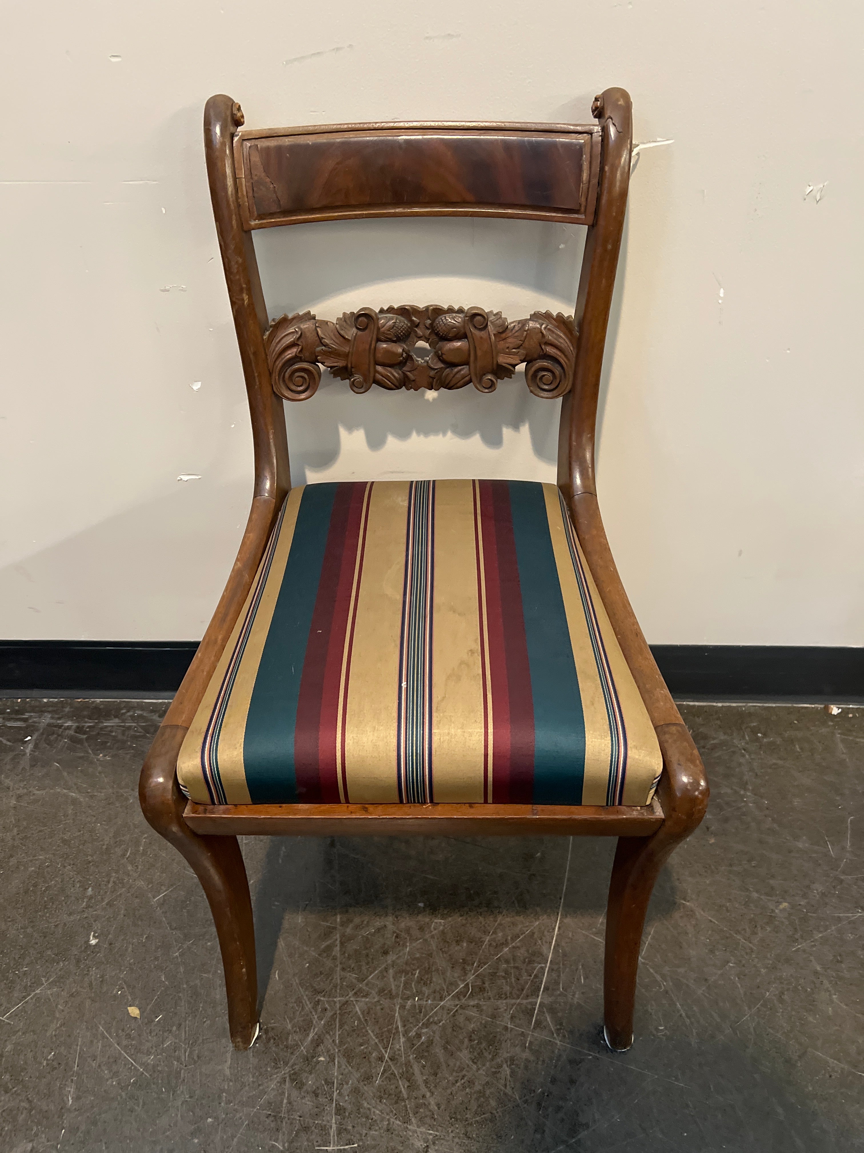 Carved Wood Dining Chair with Striped Seat