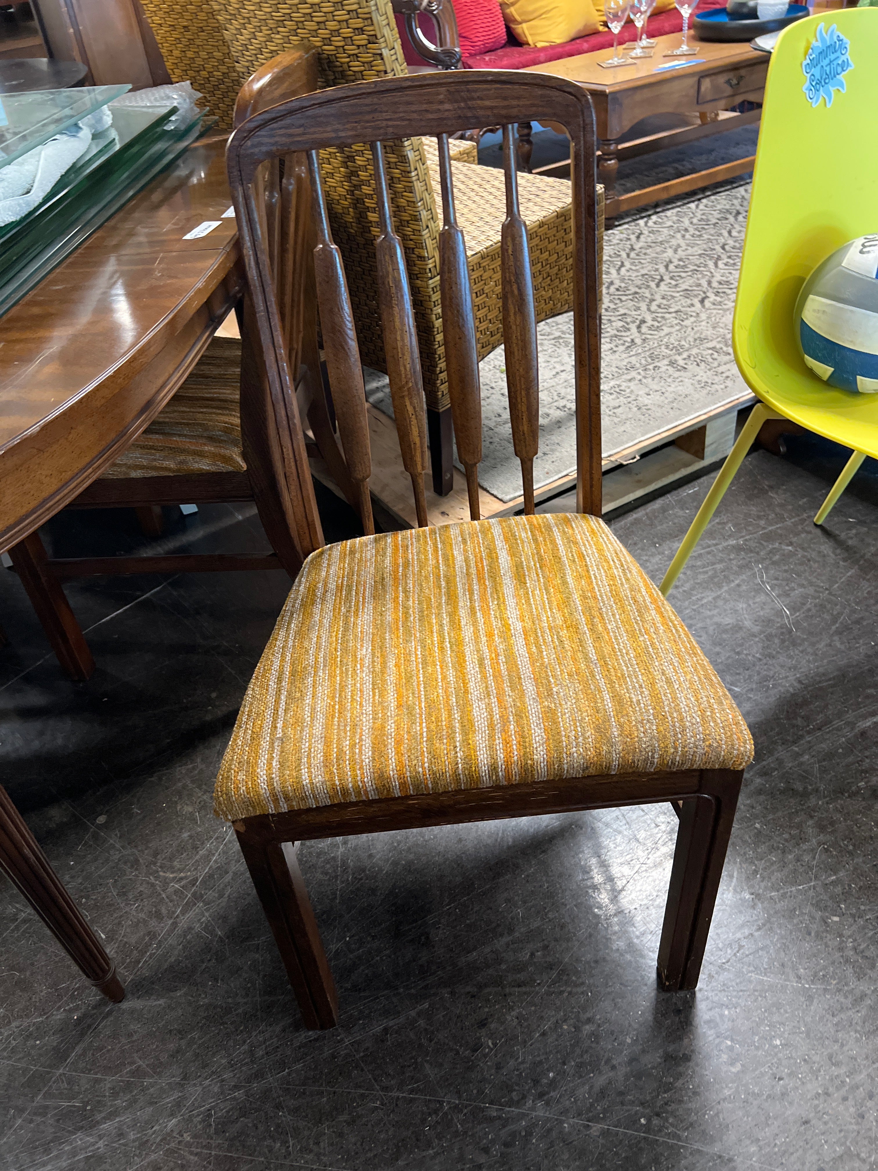 Mid-Century Dining Chair with Gold Striped Upholstery