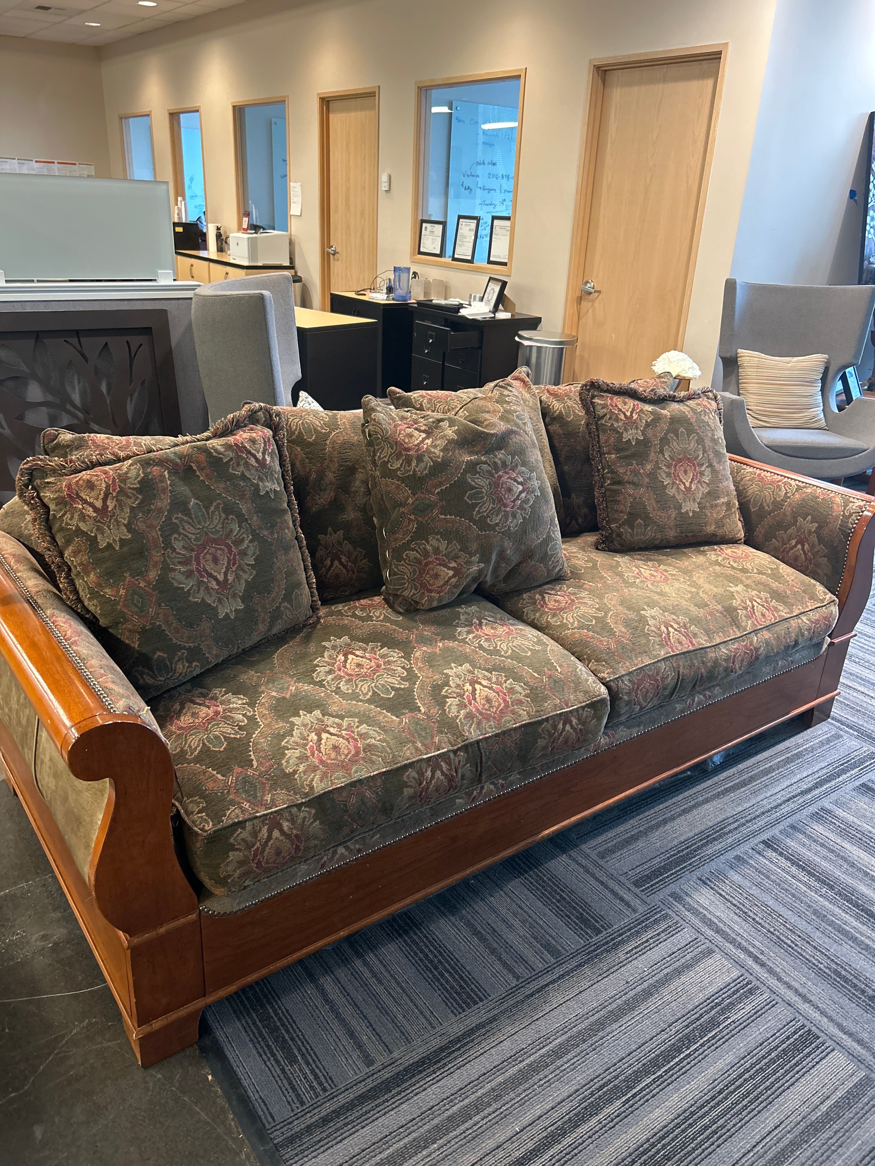 Custom Floral Patterned Wood Trim Sofa in Good Condition -