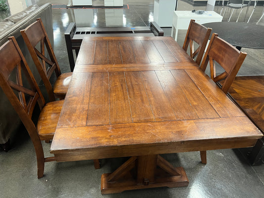 Dark Brown Farmhouse Style Dining Table w/ Leaf and 6 Chairs Set