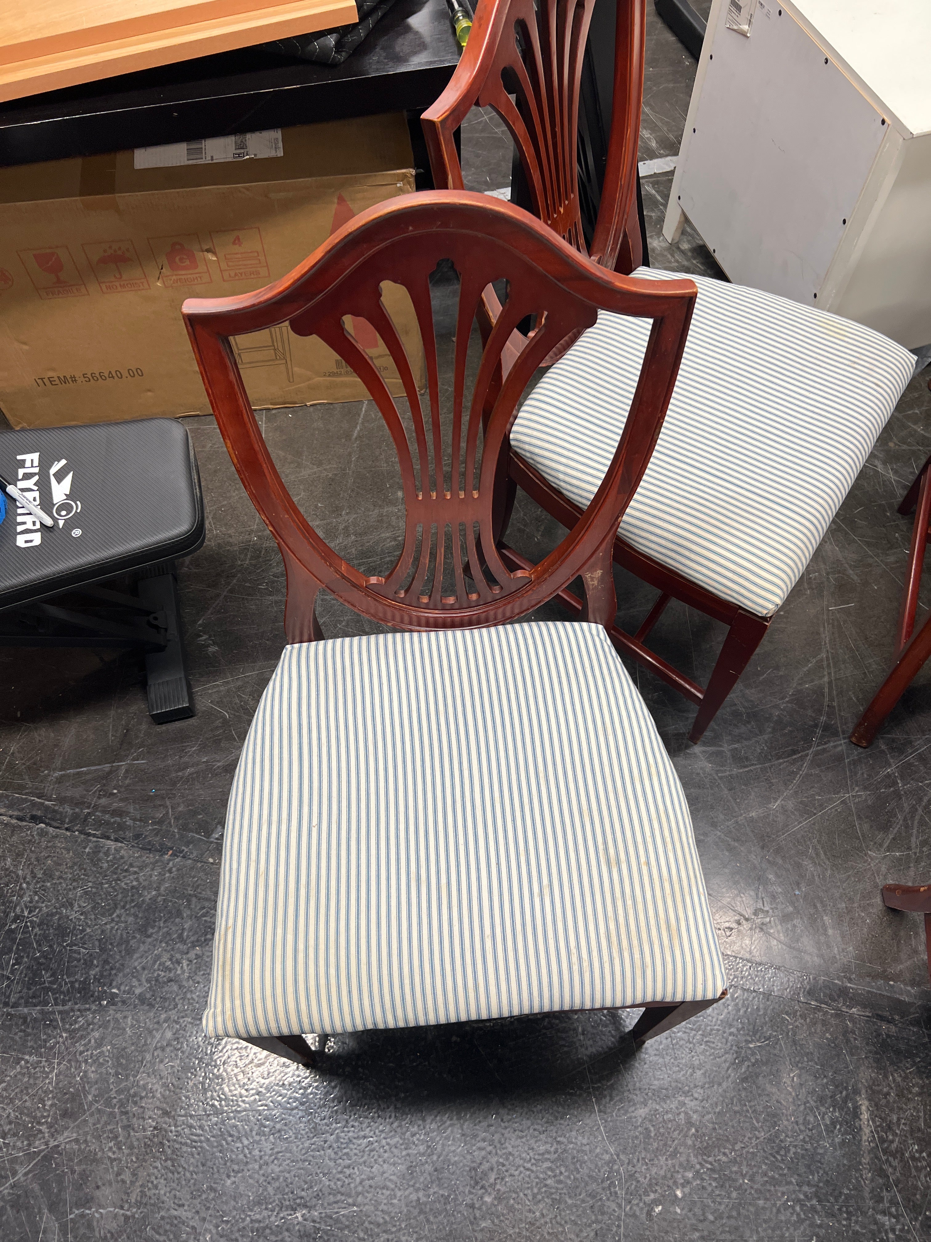 Classic Brown Hardwood Dining Chair with Blue Striped Seat (No Arms)