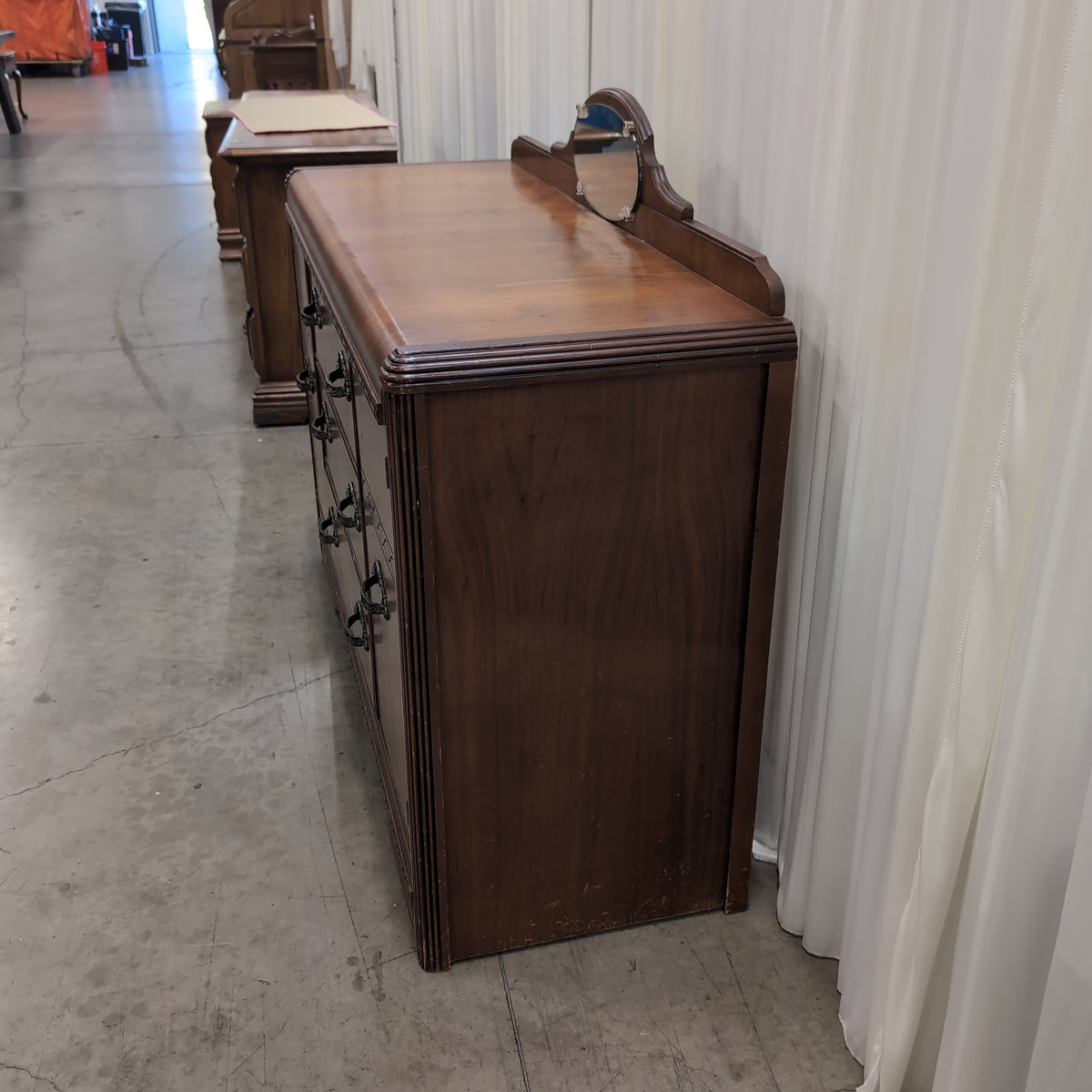 Brown Wood Art Deco Style Dresser with Attached Mirror