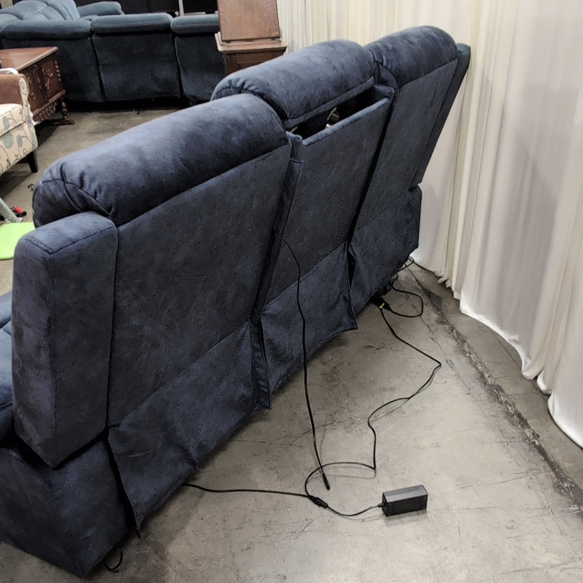 Charcoal Blue Microsuede Reclining Couch with Channel Tufting
