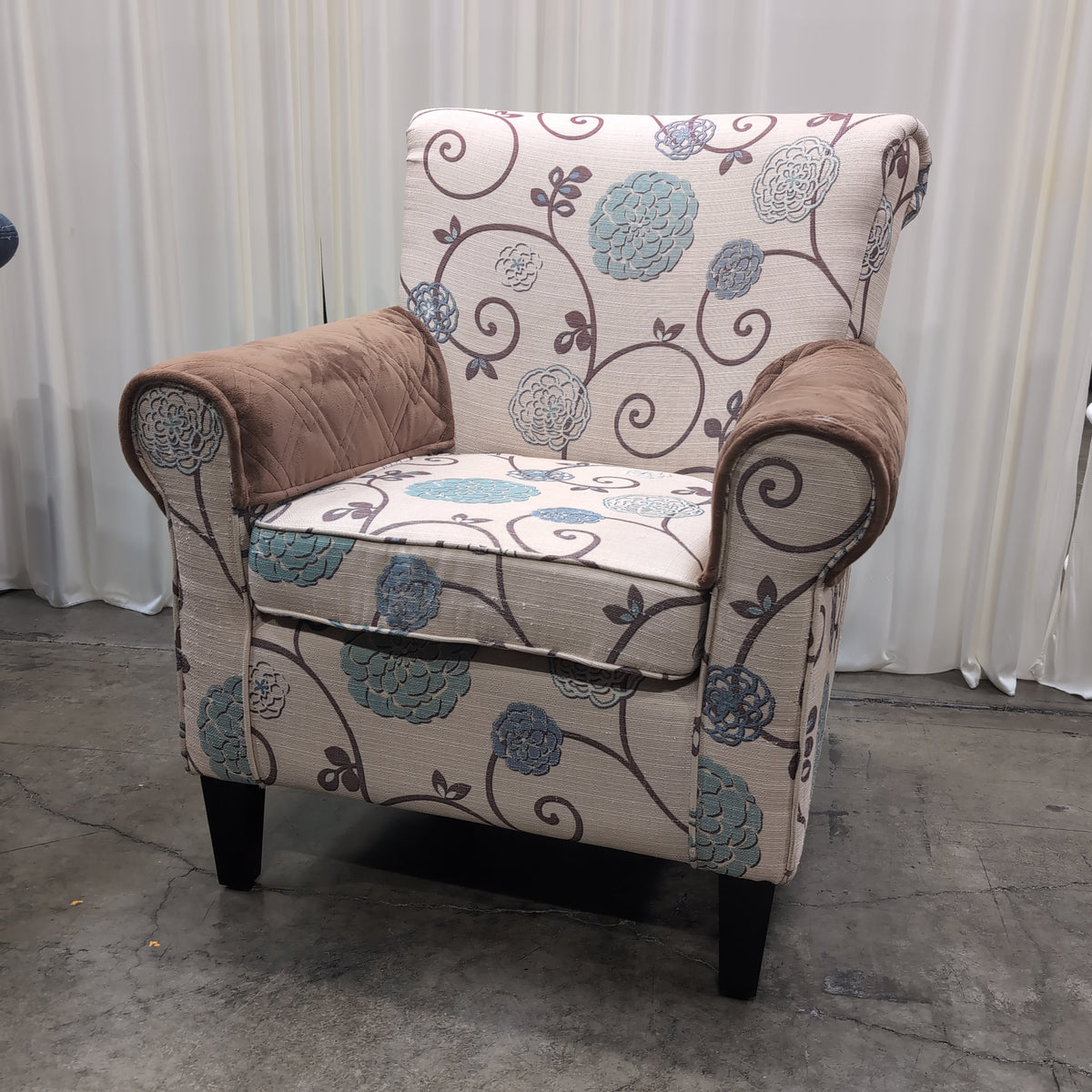 Cream and Blue Floral Pattern Armchair with Arm Covers