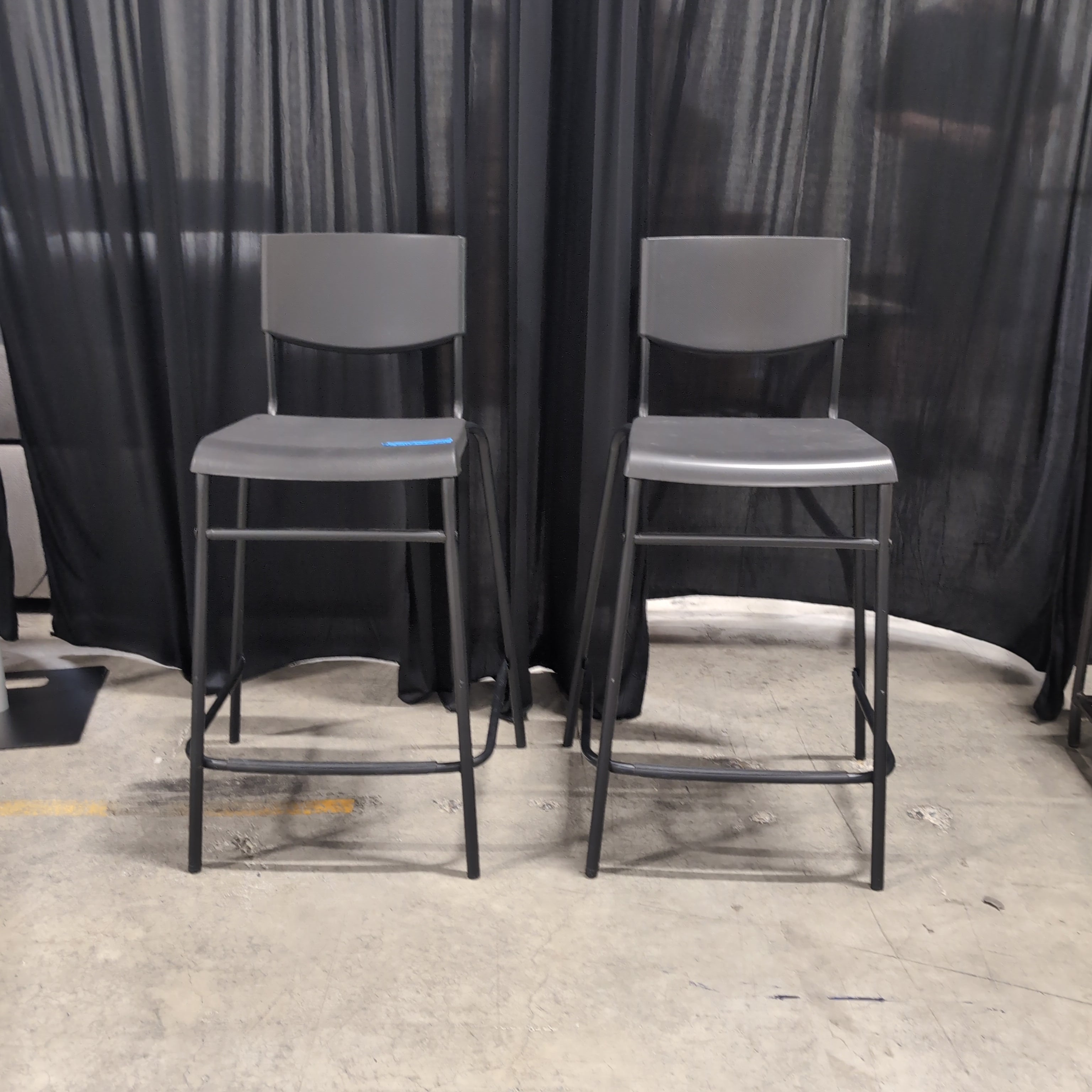 Two Grey Plastic Bar Stools with Metal Frames