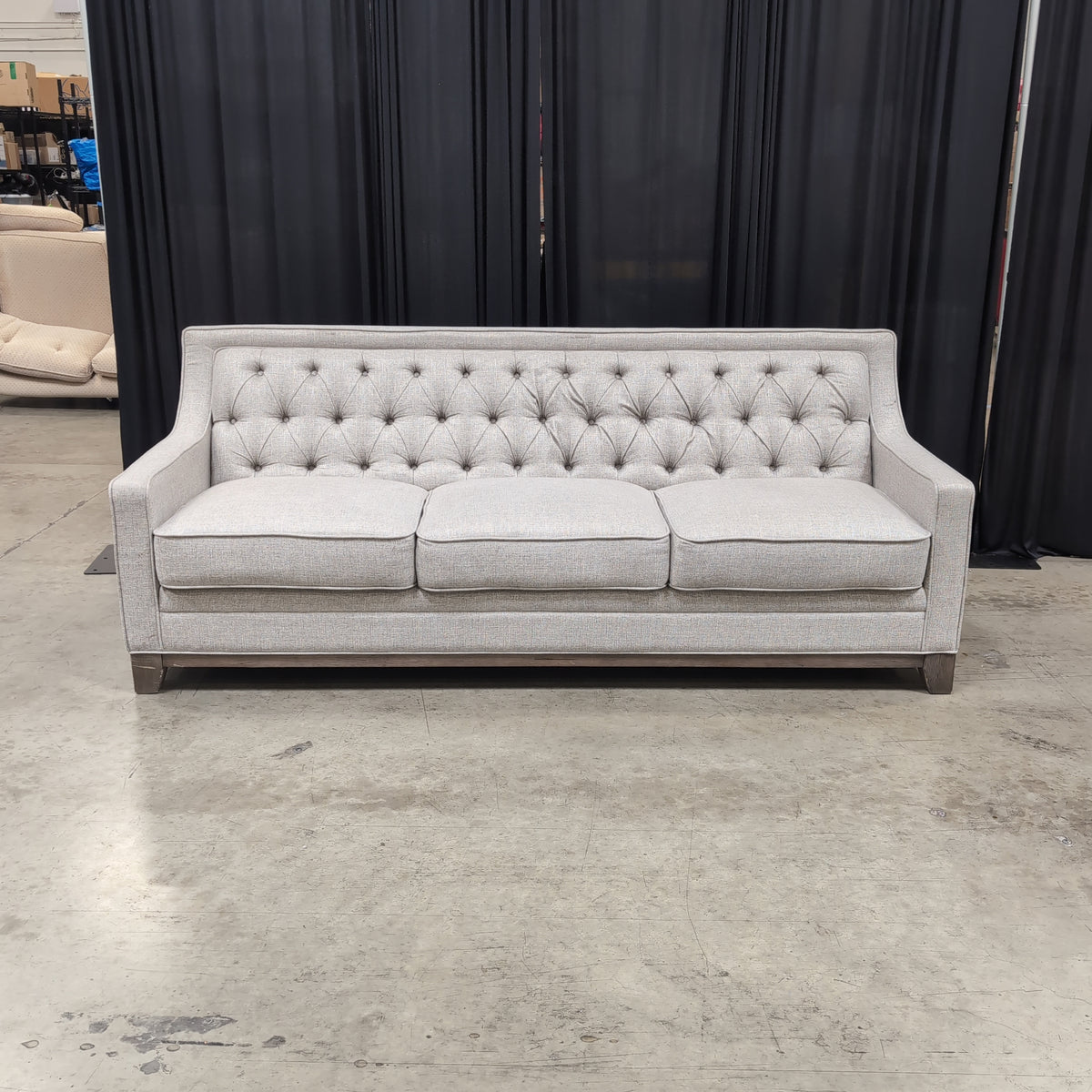 Grey Fabric Tufted Back Couch with Wood Base