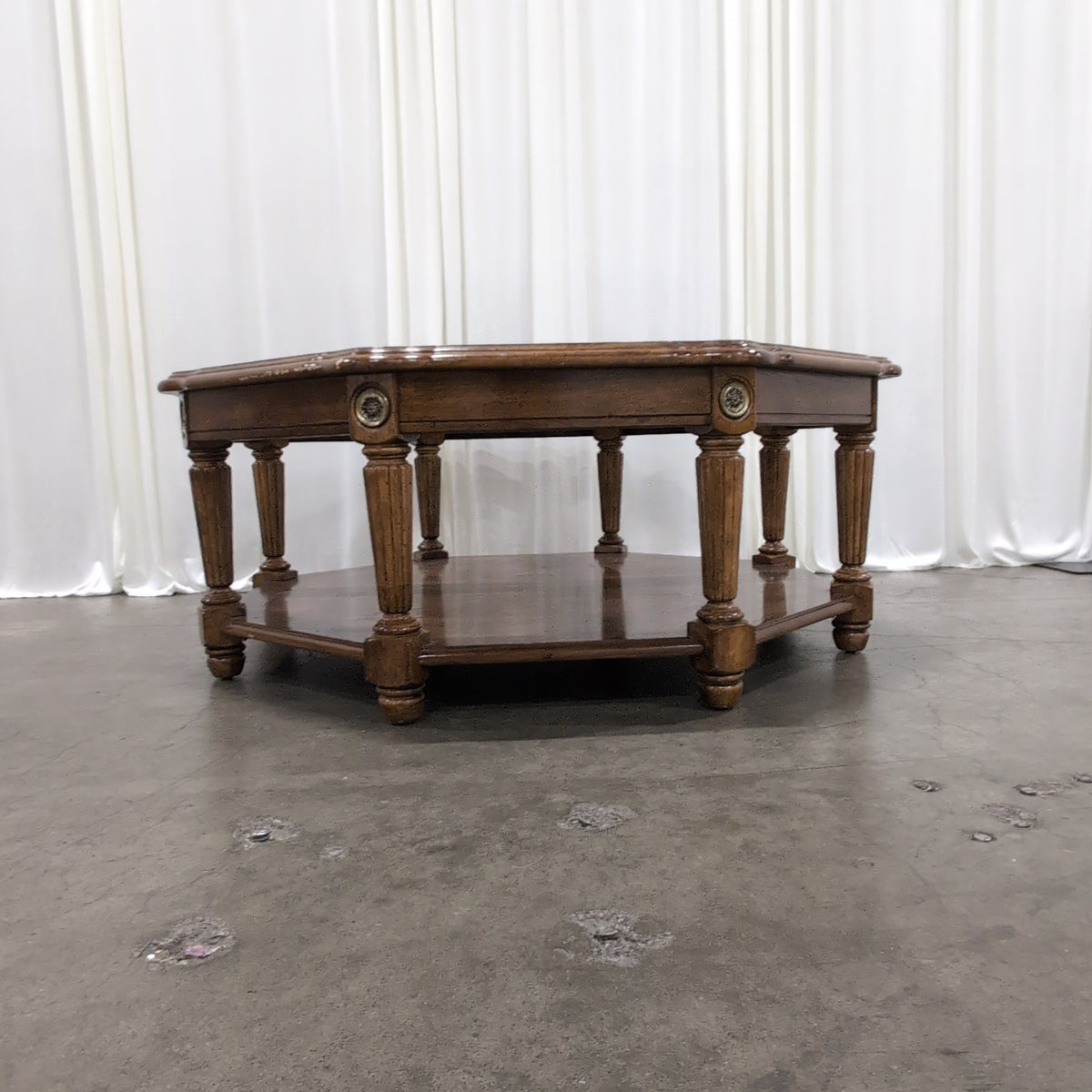Traditional Octagonal Wood Coffee Table with Glass Top