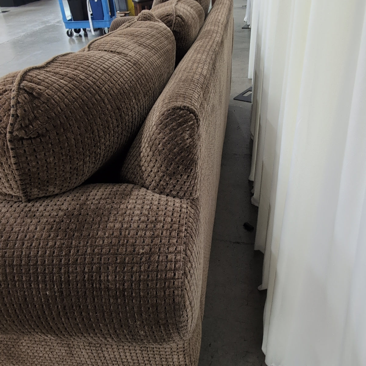 Brown Rolled Arm Three-Cushion Couch in Textured Fabric