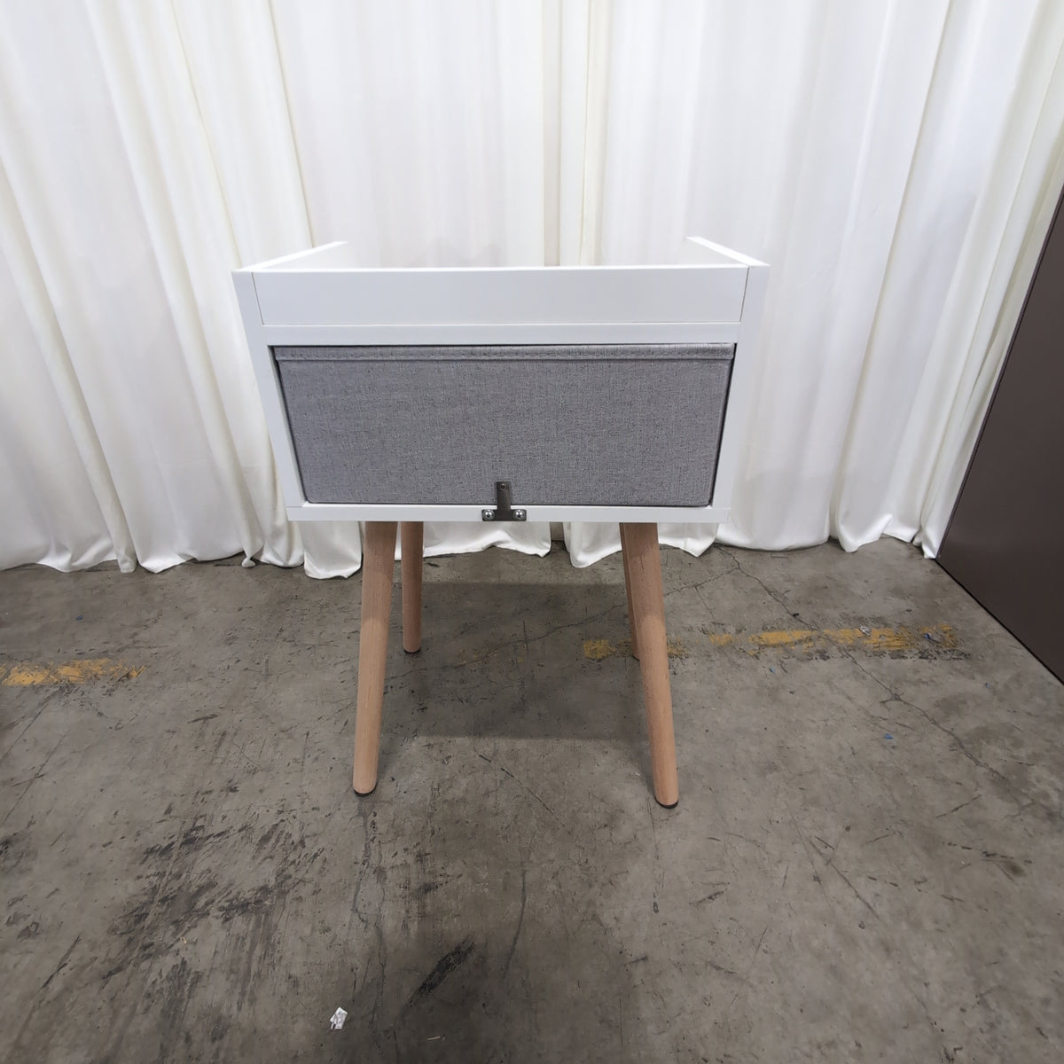 White Mid-Century Modern Nightstand with Fabric Drawer