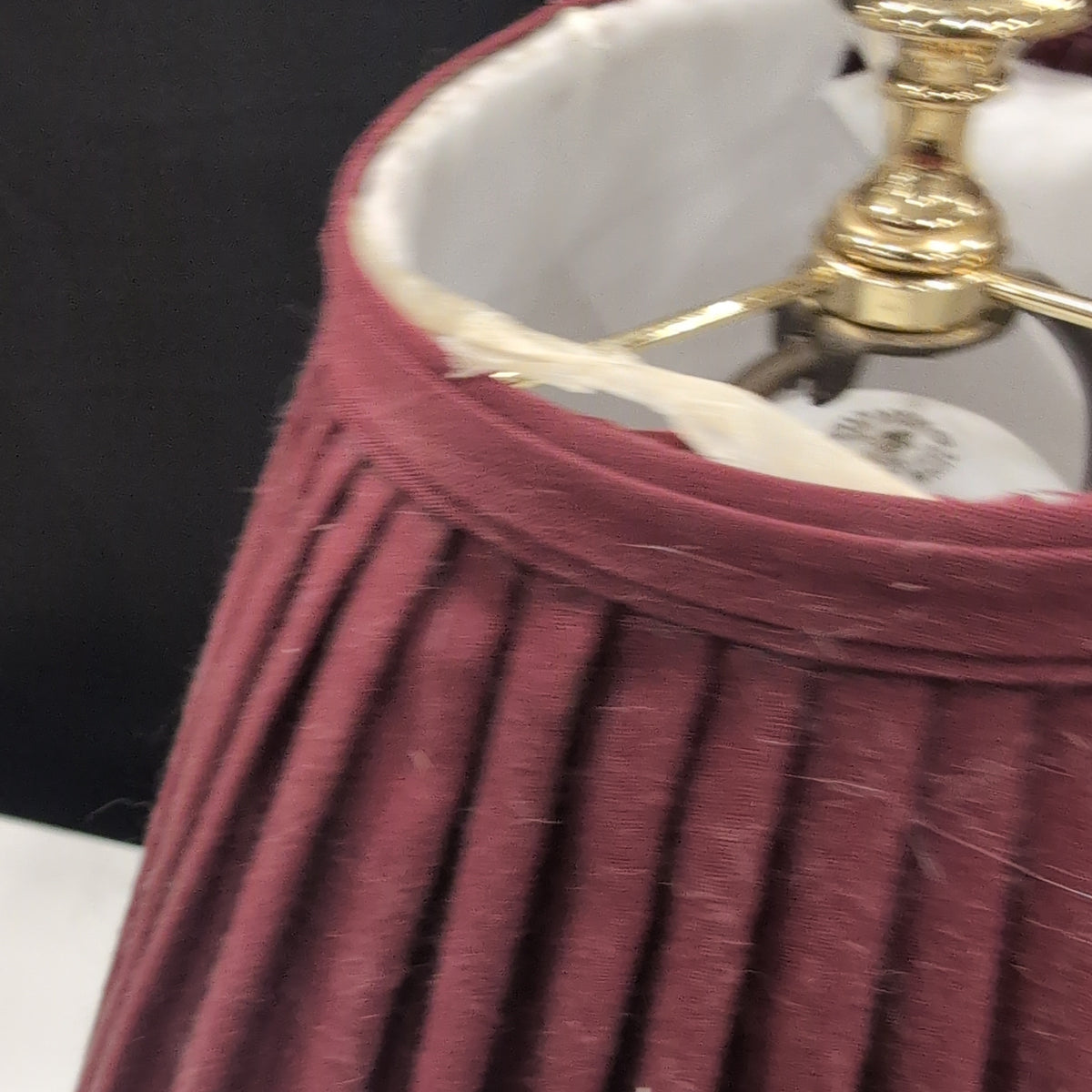 Ornate Brass Table Lamp with Pleated Burgundy Shade