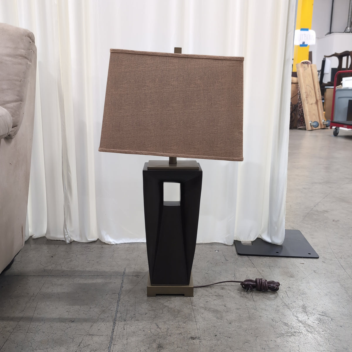 Geometric Dark Bronze Table Lamp with Fabric Shade