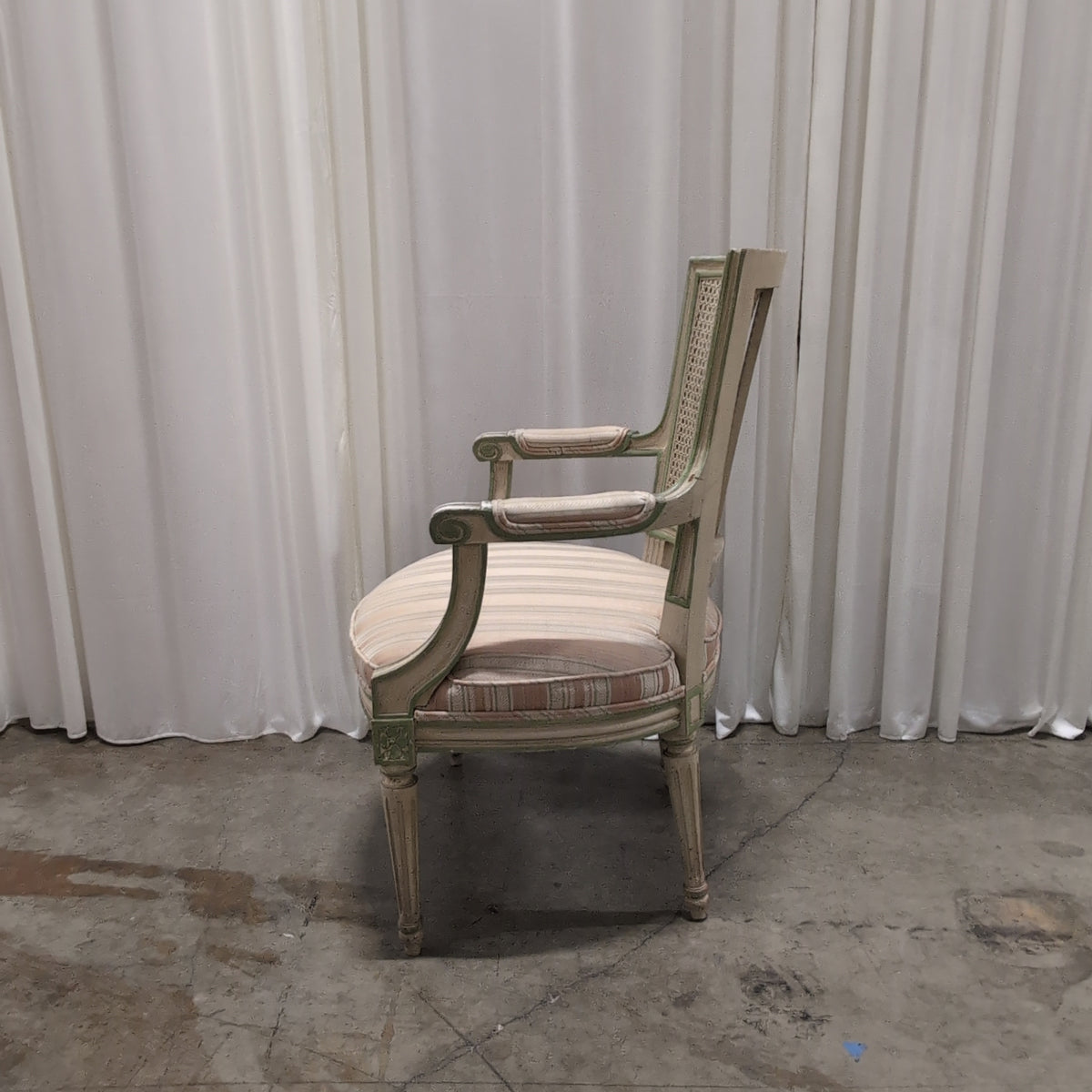 French Provincial Cane Back Accent Chair with Striped Upholstery