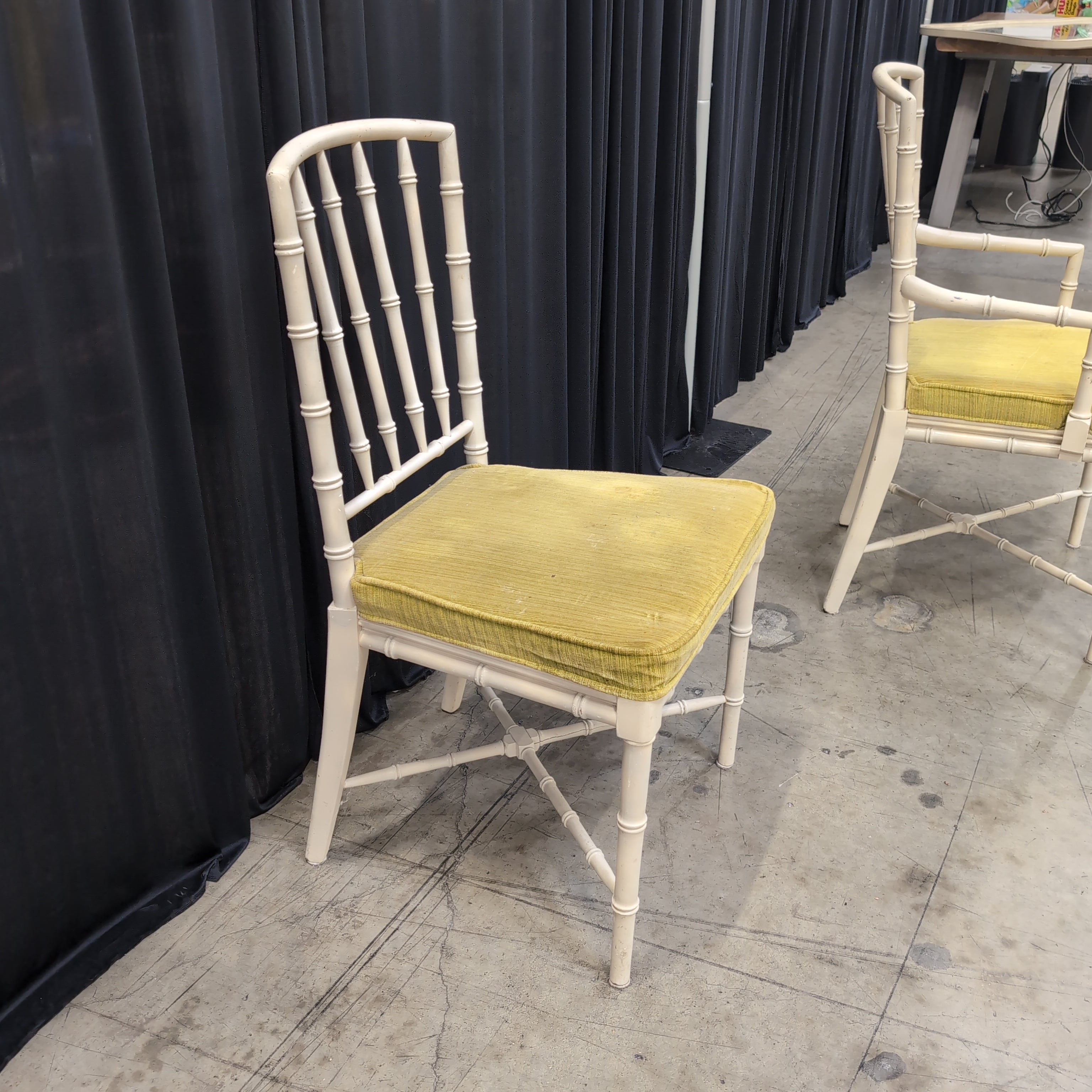 Cream Faux Bamboo Dining Chair with Green Cushion