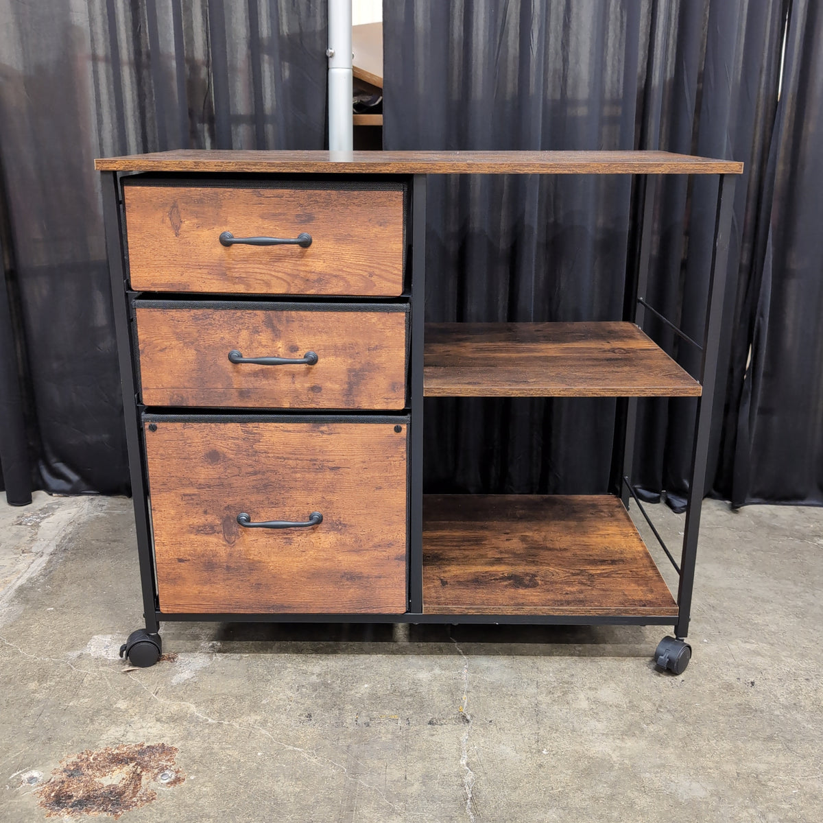 Rustic Wood-Look Industrial Rolling Storage Cart with Drawers