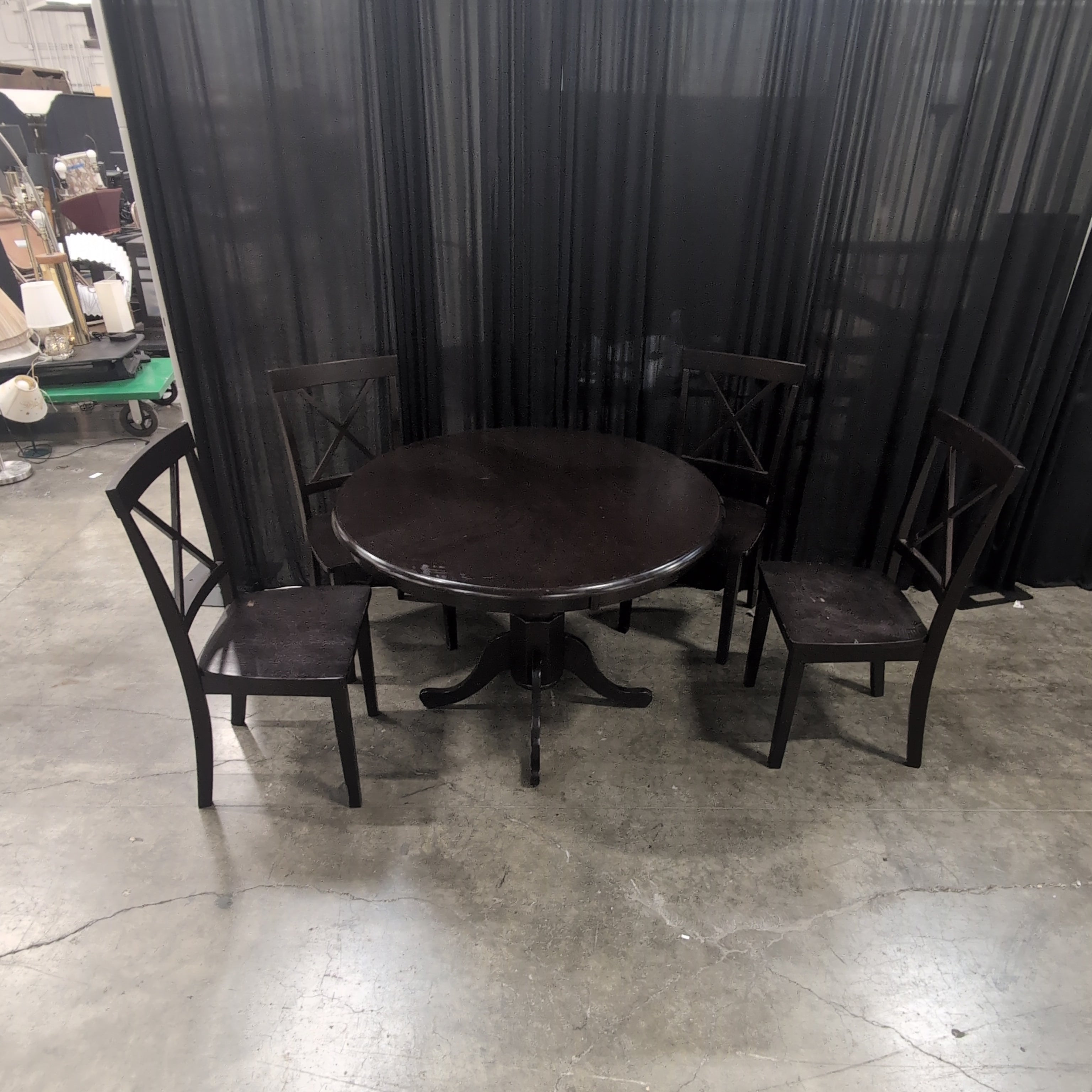 Dark Brown Wood Round Dining Table with X-Back Chairs