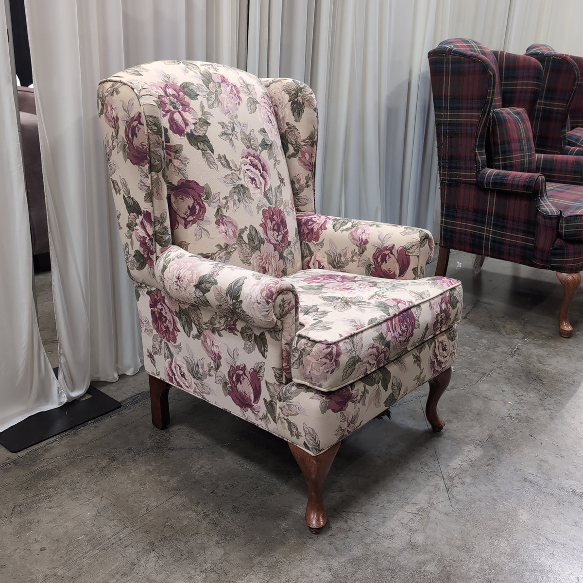 Cream Floral Upholstered Wingback Chair with Cabriole Legs