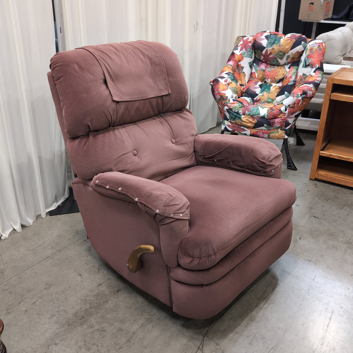 Padded Dusty Rose Fabric Swivel Recliner with Polka Dots