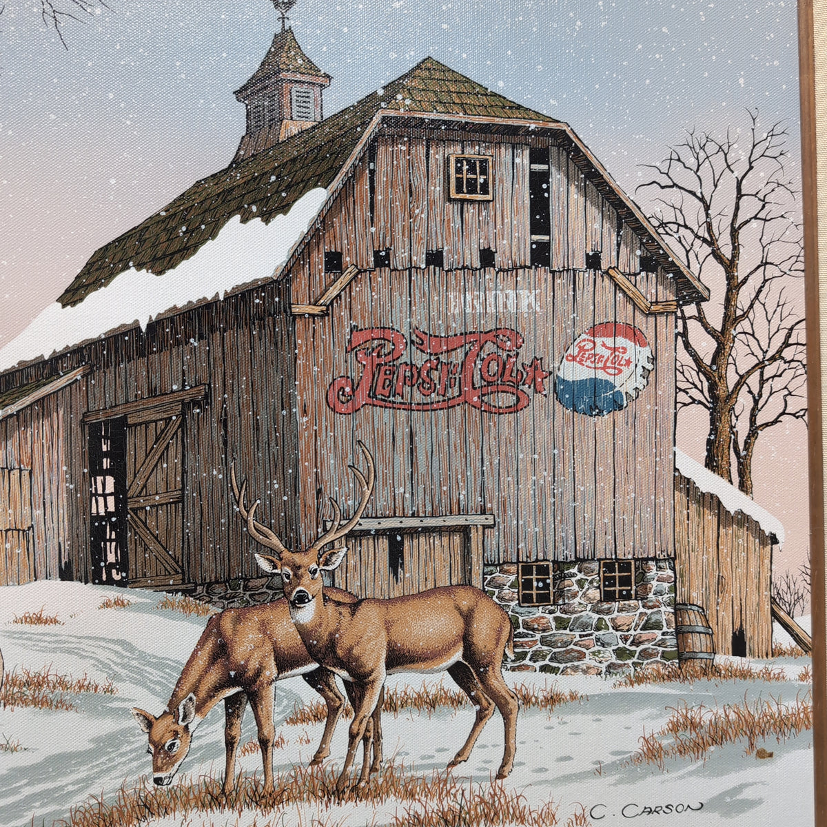 H.C. Carson Winter Landscape Painting with Pepsi Barn