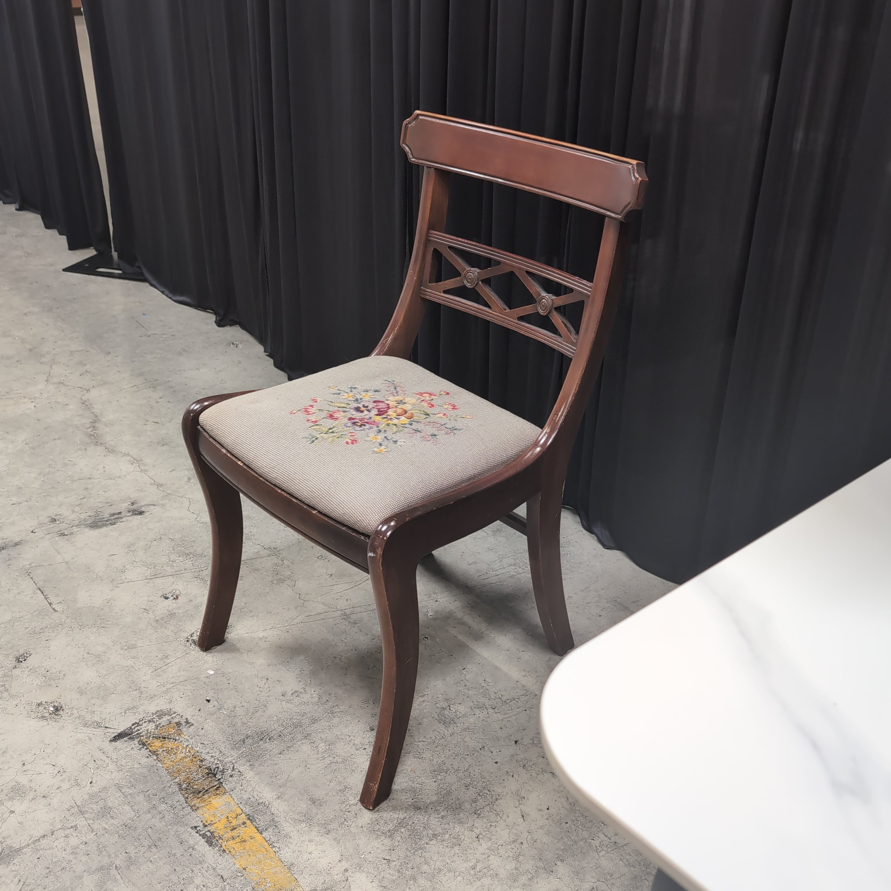Brown Wood Cross-Back Dining Chair with Needlepoint Seat