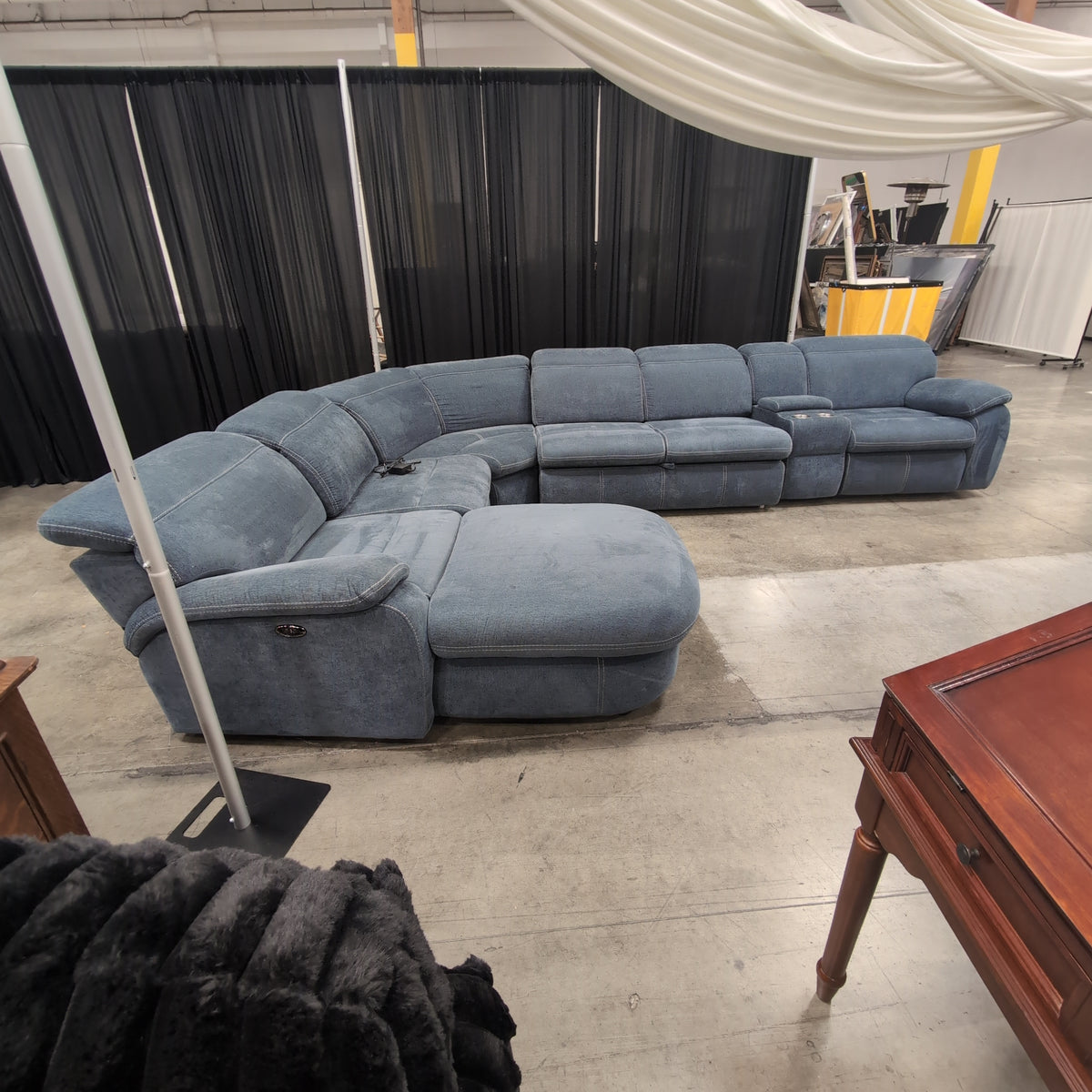 Slate Blue Fabric Reclining Sectional Couch with Cupholders