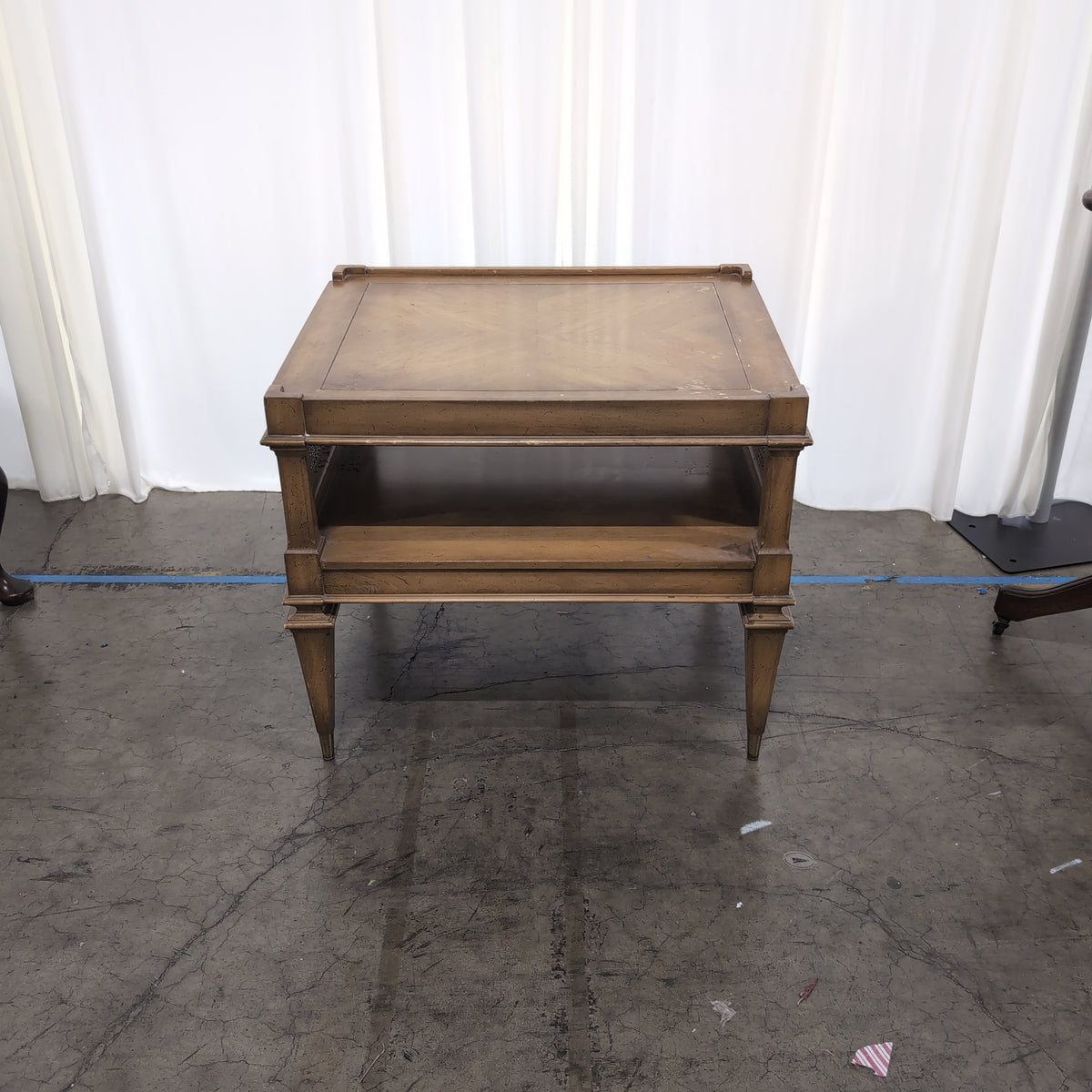 Brown Wood Two-Tier End Table with Cane Sides