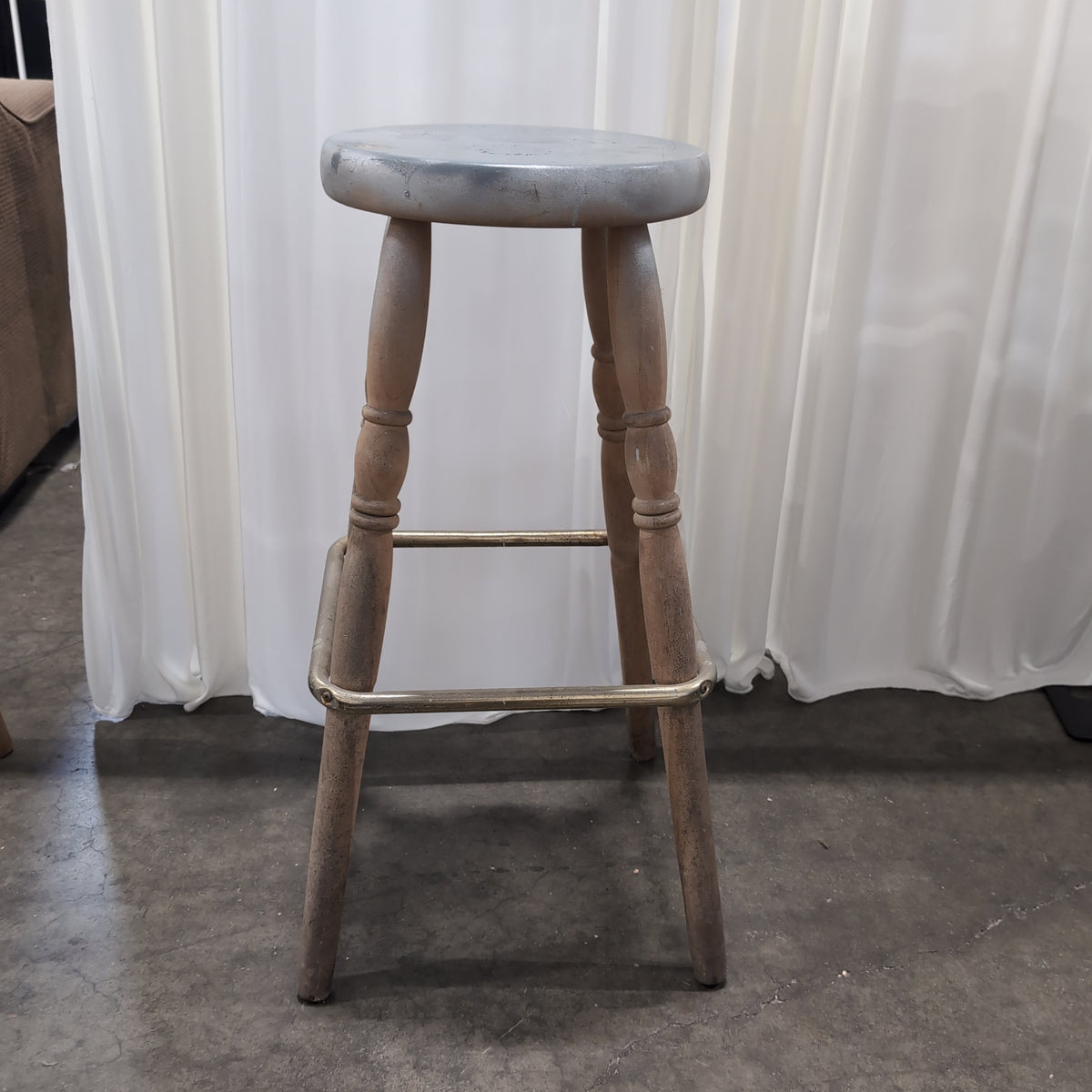 Silver Painted Round Top Wood Stool with Metal Footrest