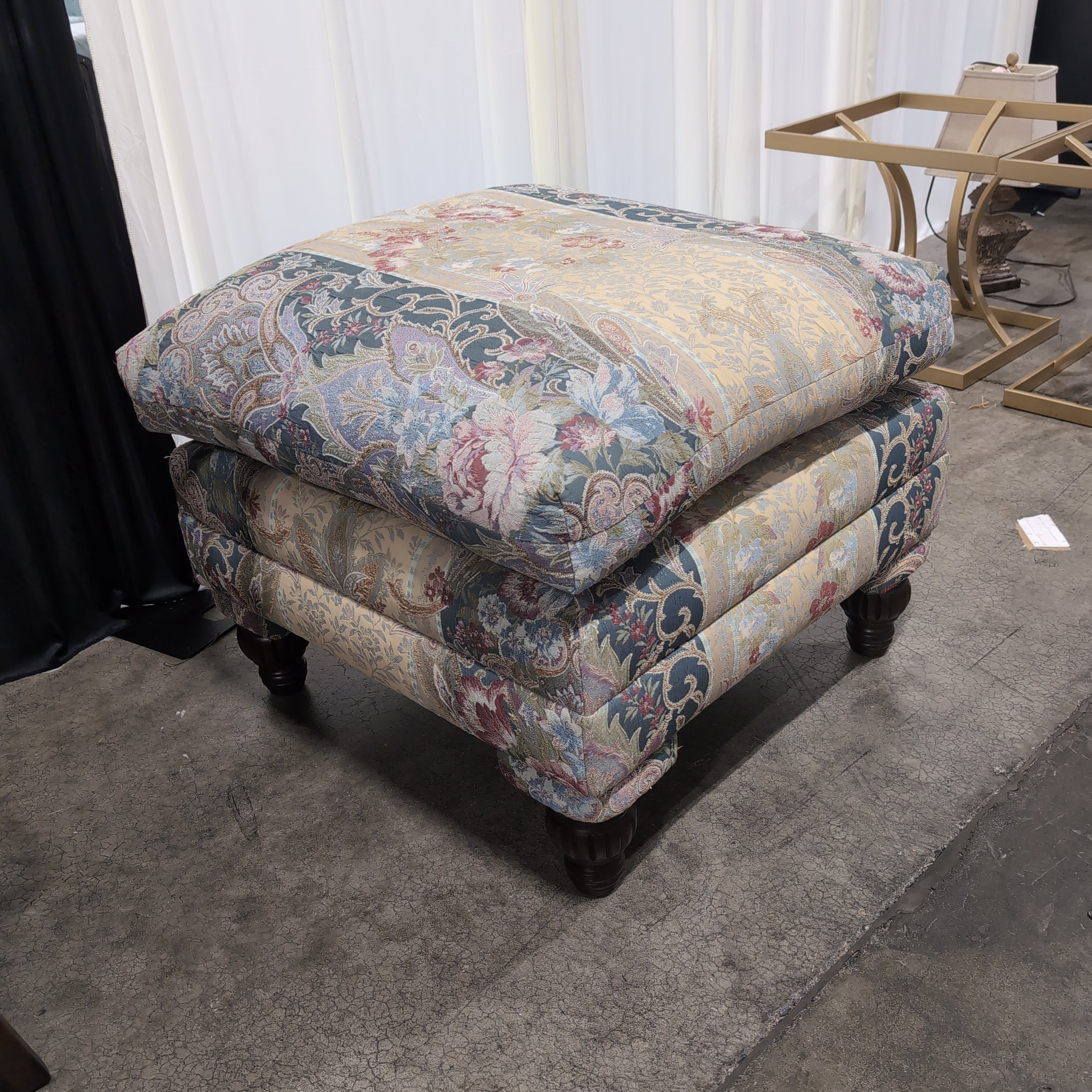 Multi-Color Floral Paisley Upholstered Ottoman with Turned Wood Feet