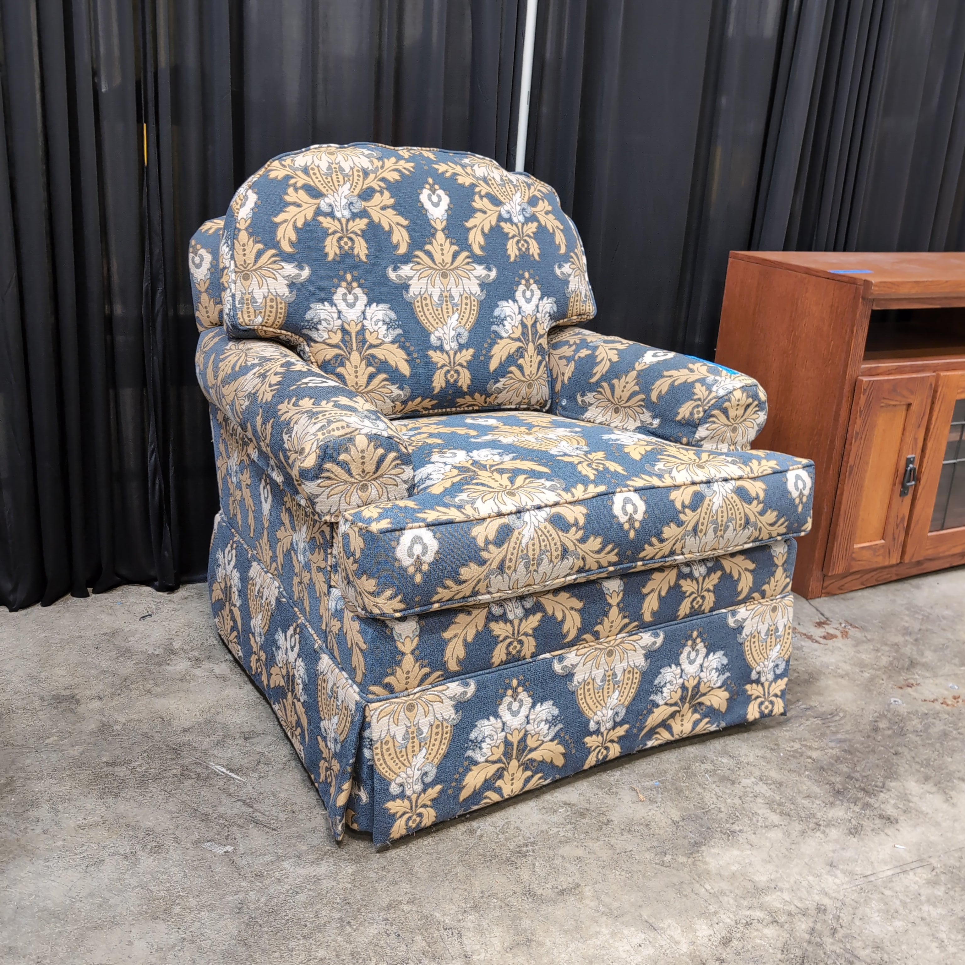 Traditional Damask Patterned Armchair in Navy and Gold