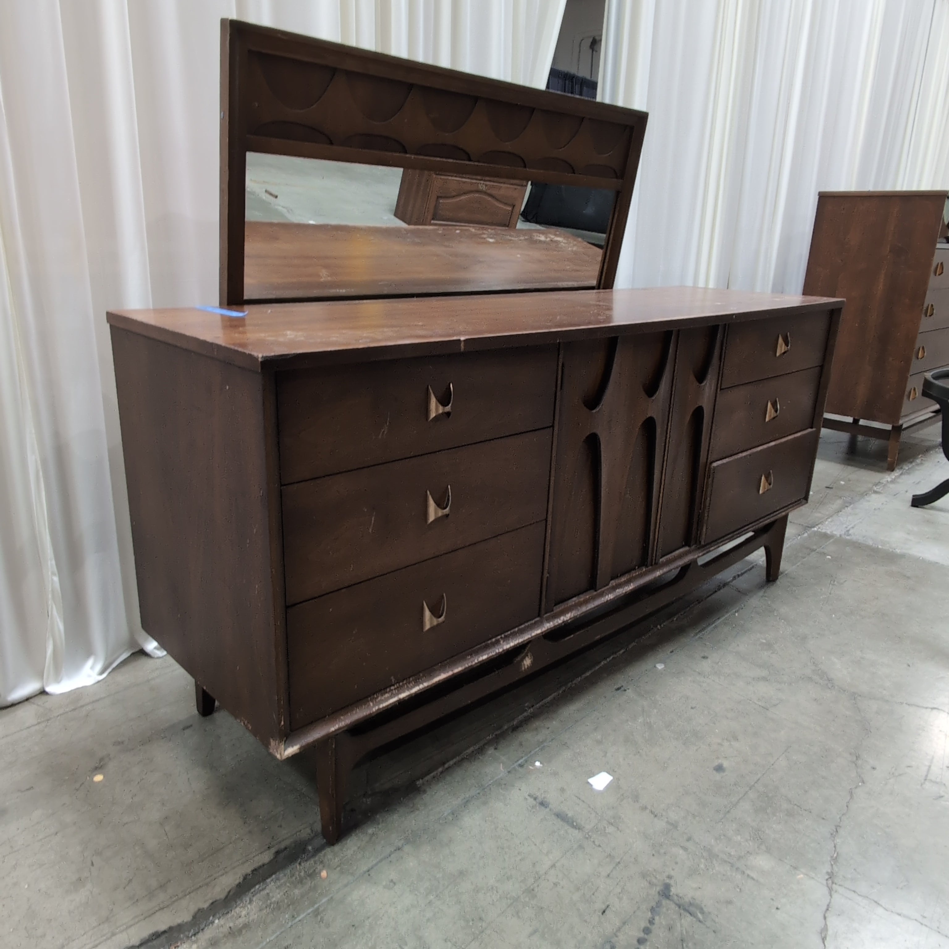 Mid-Century Modern Dark Wood Dresser with Matching Mirror