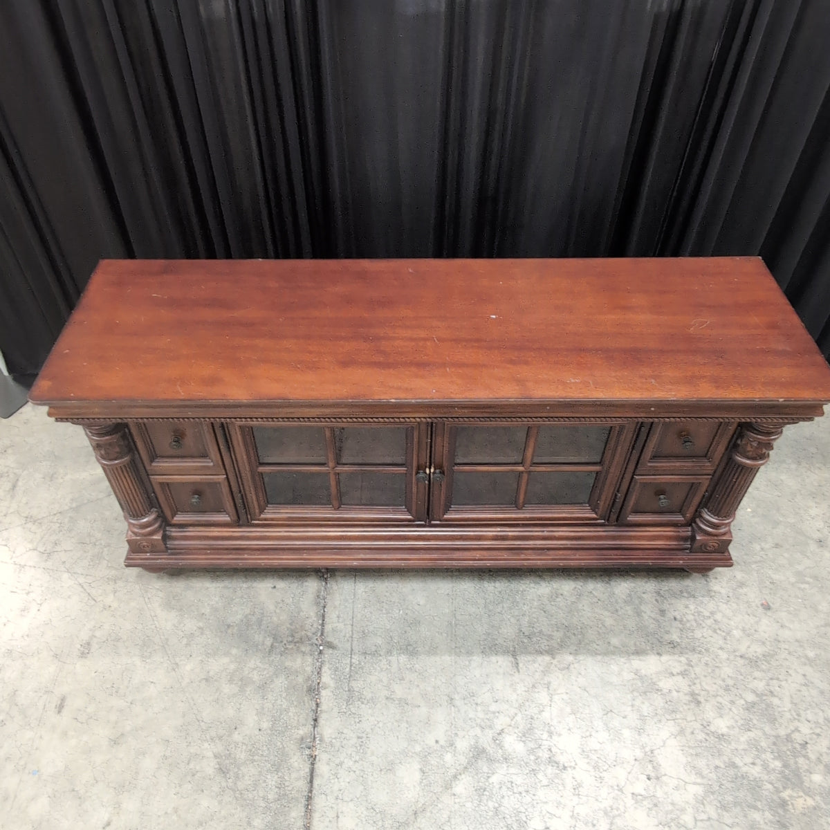 Dark Wood Traditional TV Stand with Glass Doors