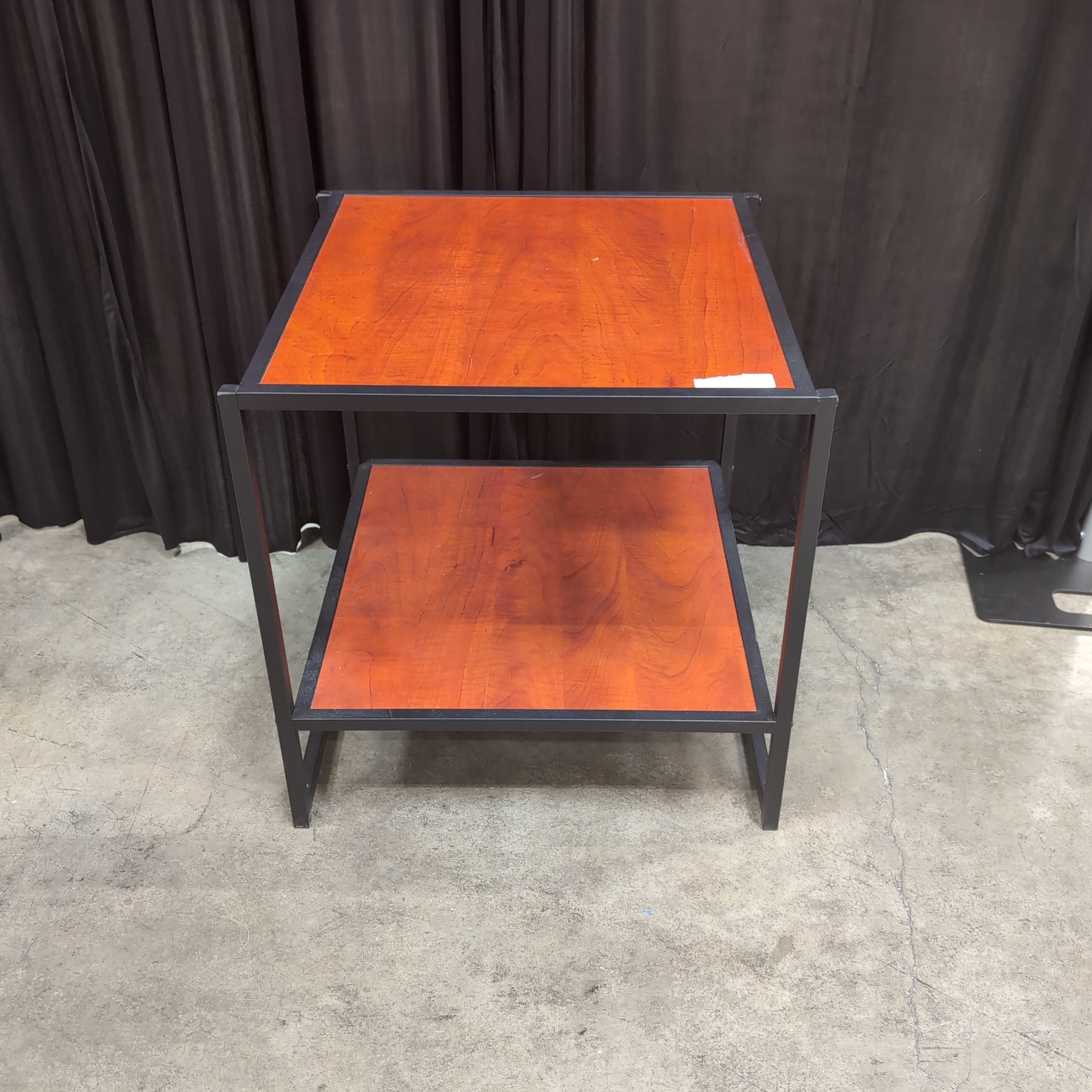 Black Metal Two-Tier End Table with Cherry-Finish Shelves