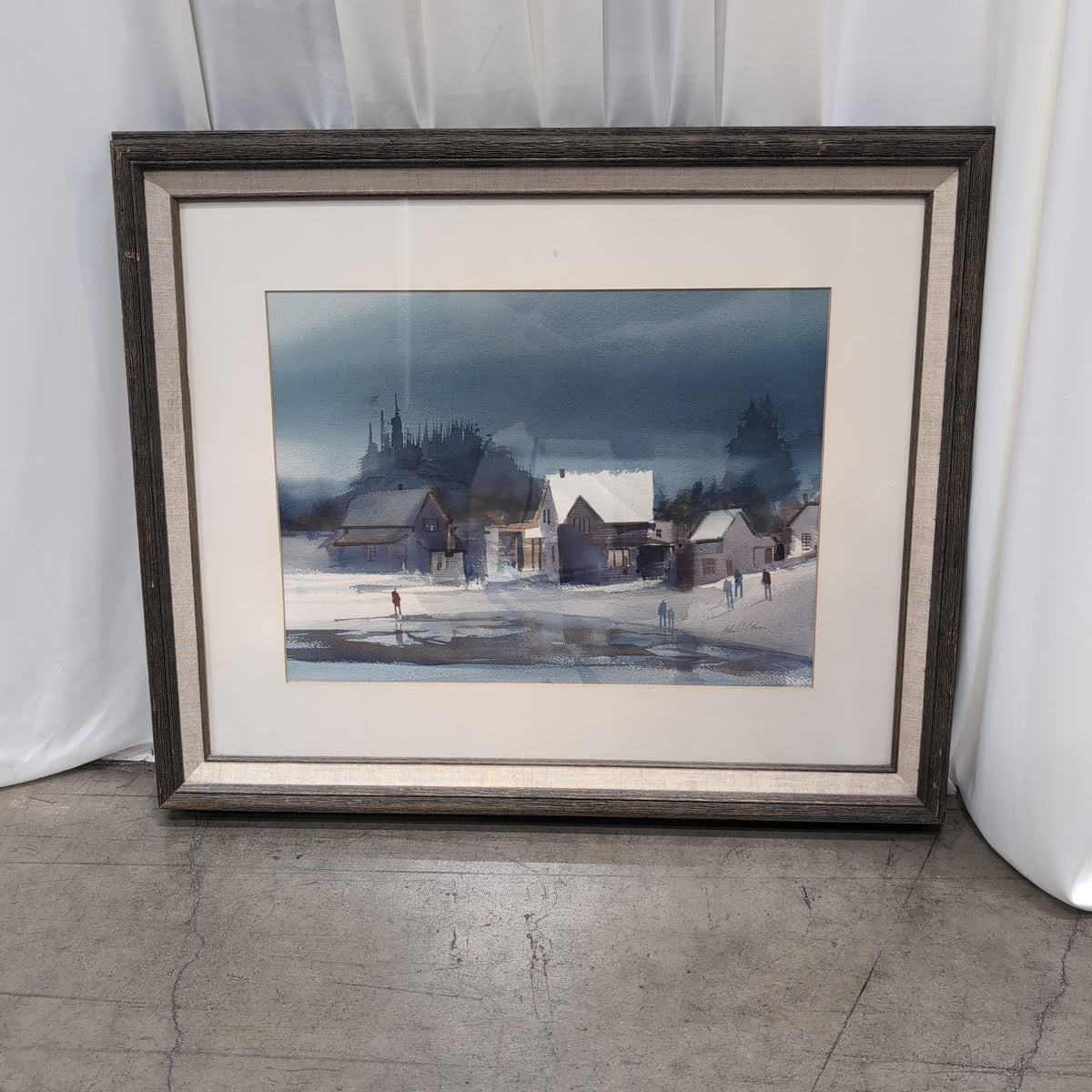 Muted Winter Village Watercolor Painting in a Wood Frame