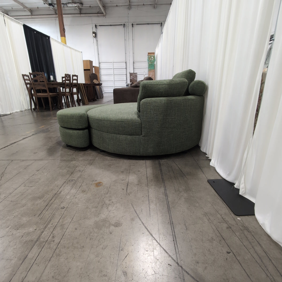Muted Green Upholstered Round Couch with Ottoman
