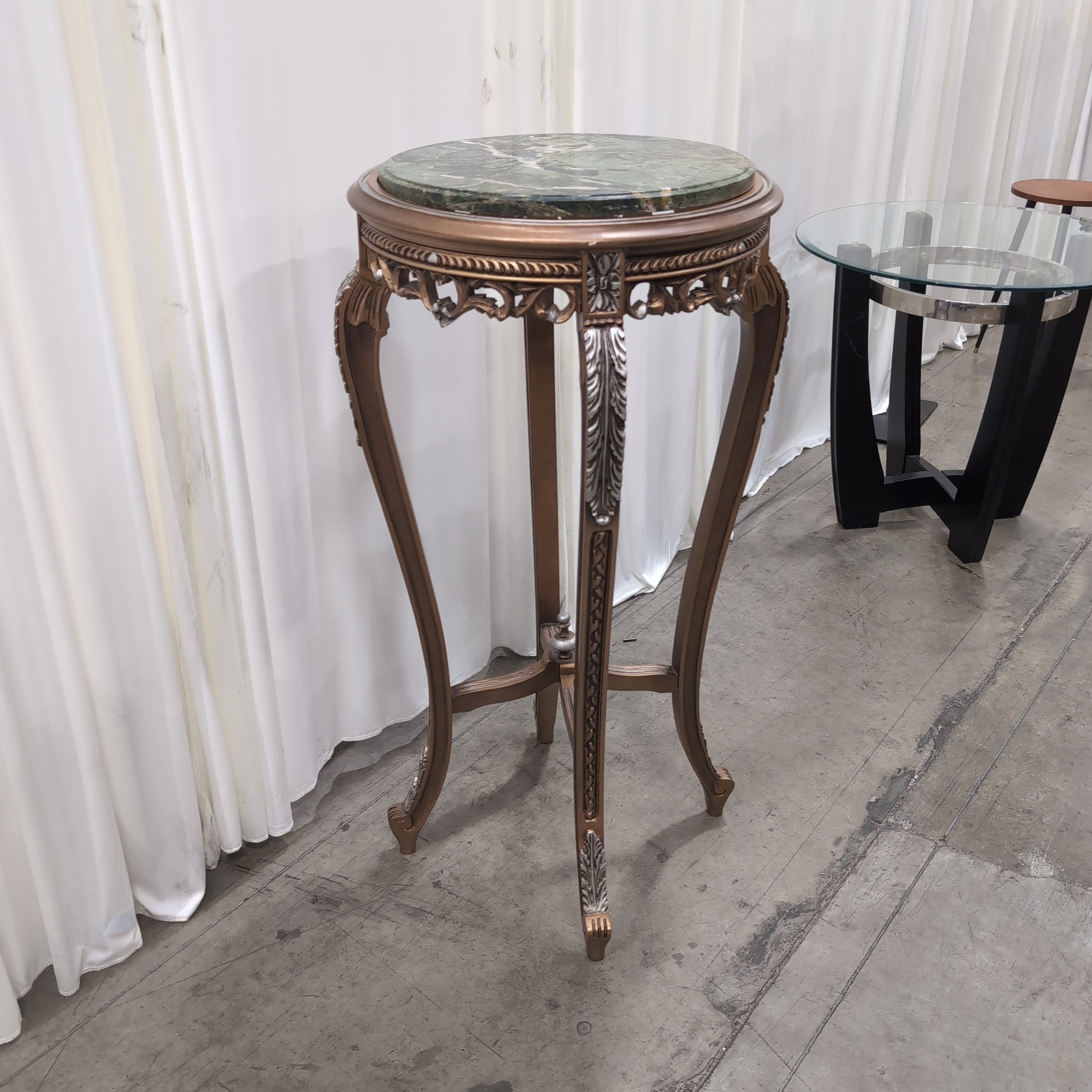 Ornate Bronze and Silver Accent End Table with Green Marble Top