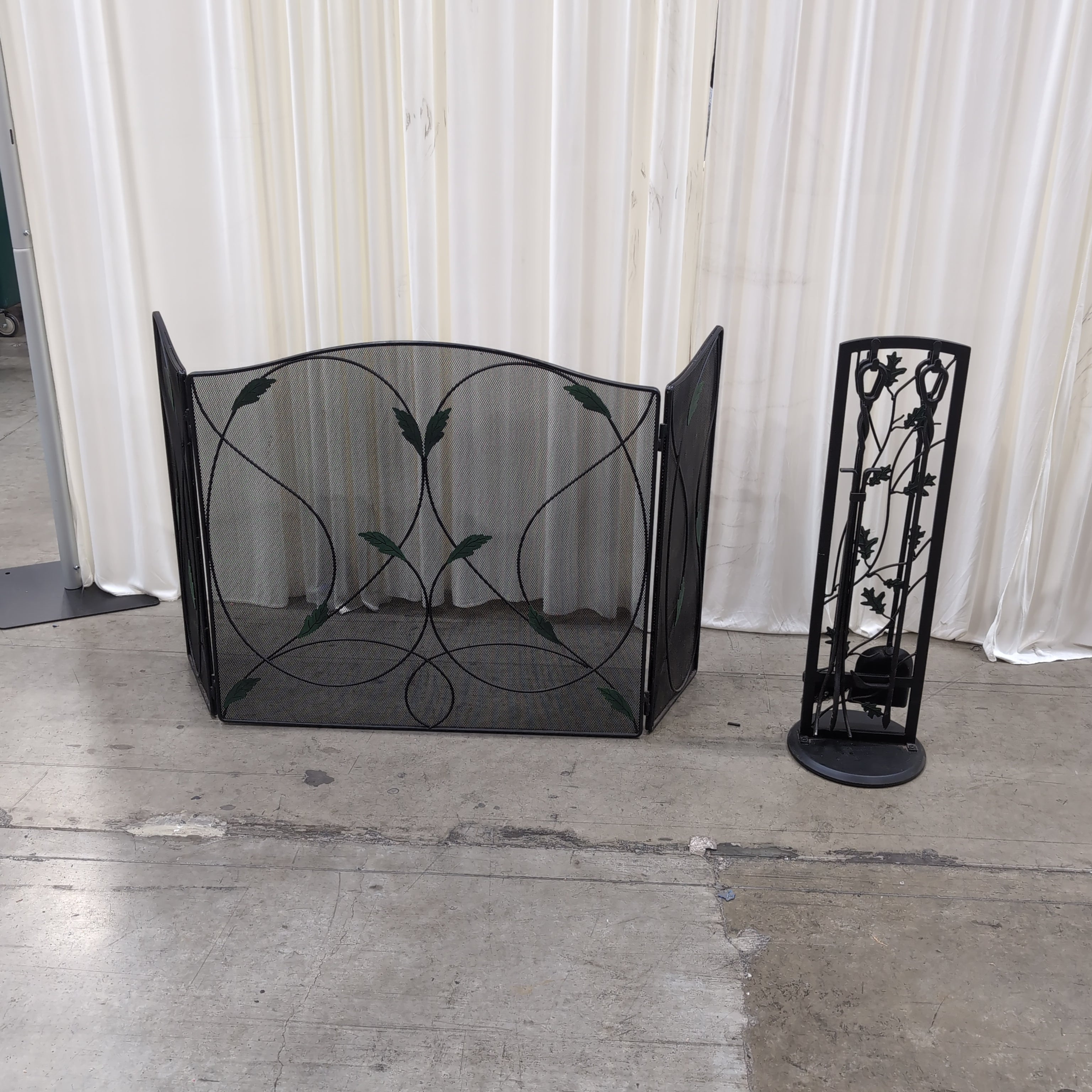 Black Iron Fireplace Screen and Tool Stand Set