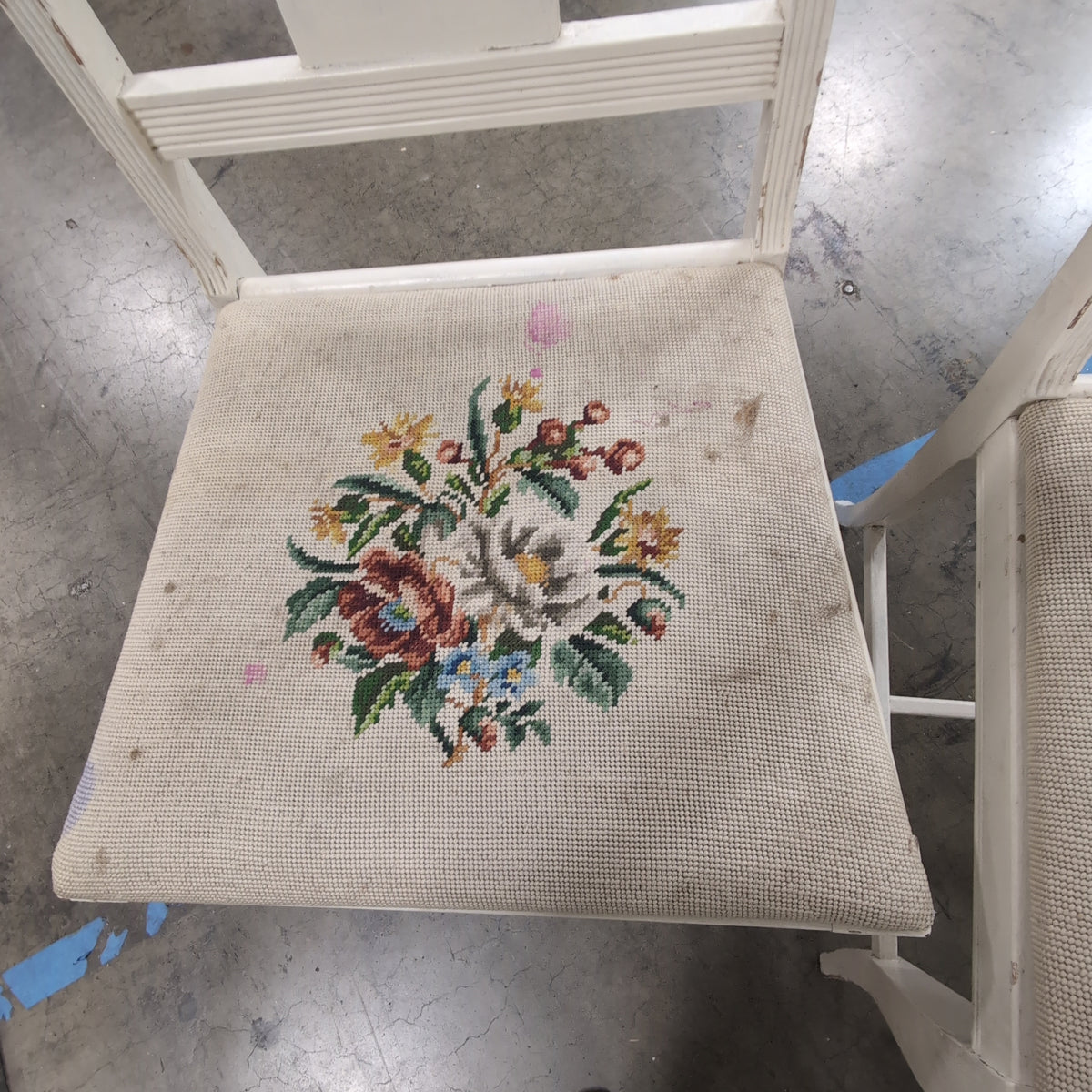 French Provincial Cream Wood Dining Chair with Floral Needlepoint Set of 3