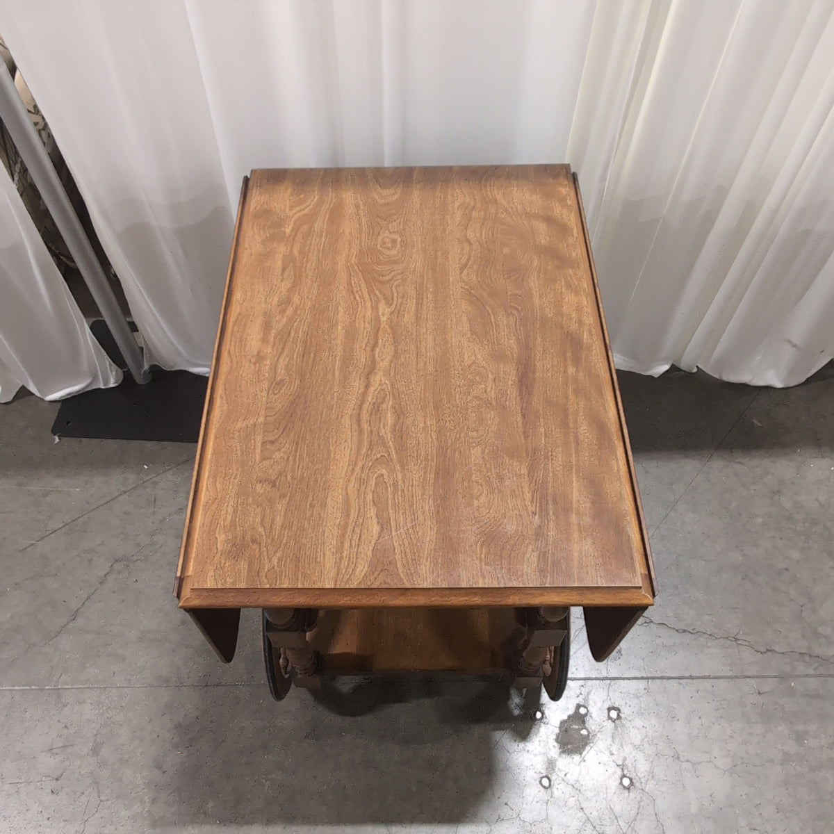Light Brown Wood Drop Leaf Serving Cart with Turned Legs