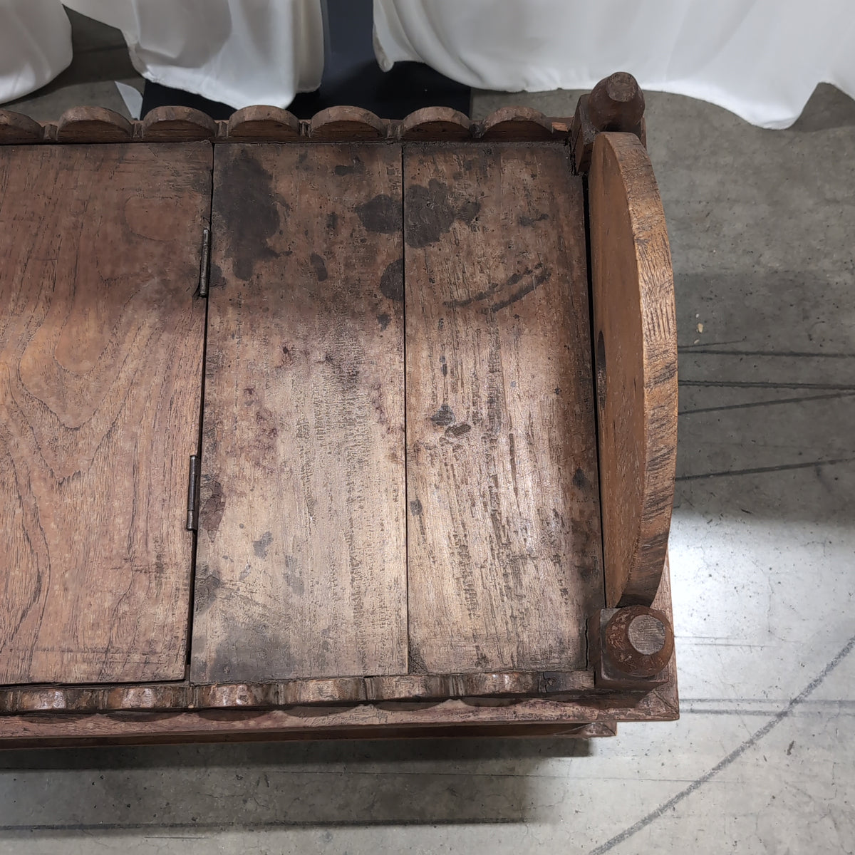 Rustic Carved Wood End Table with Sunburst Top