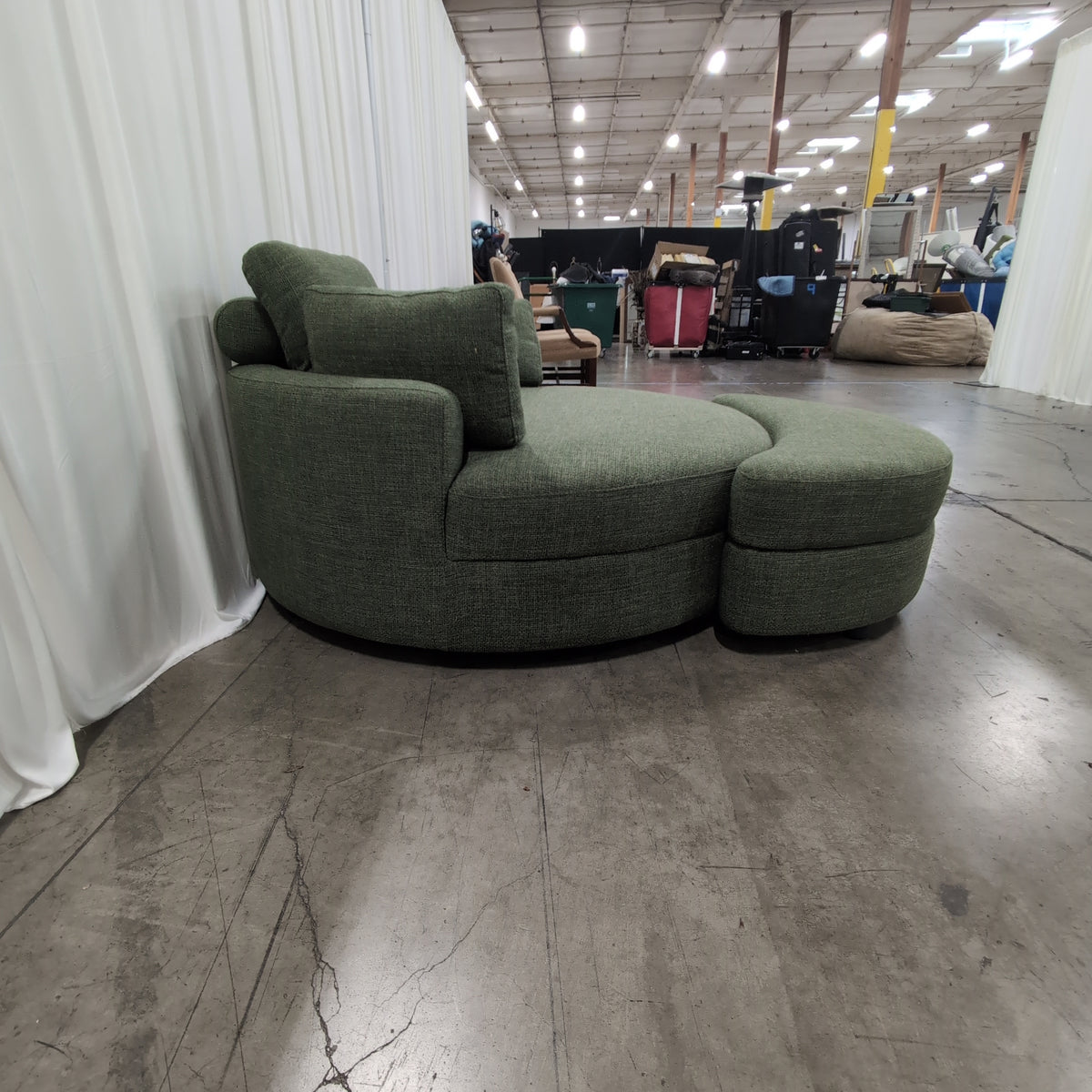 Muted Green Upholstered Round Couch with Ottoman
