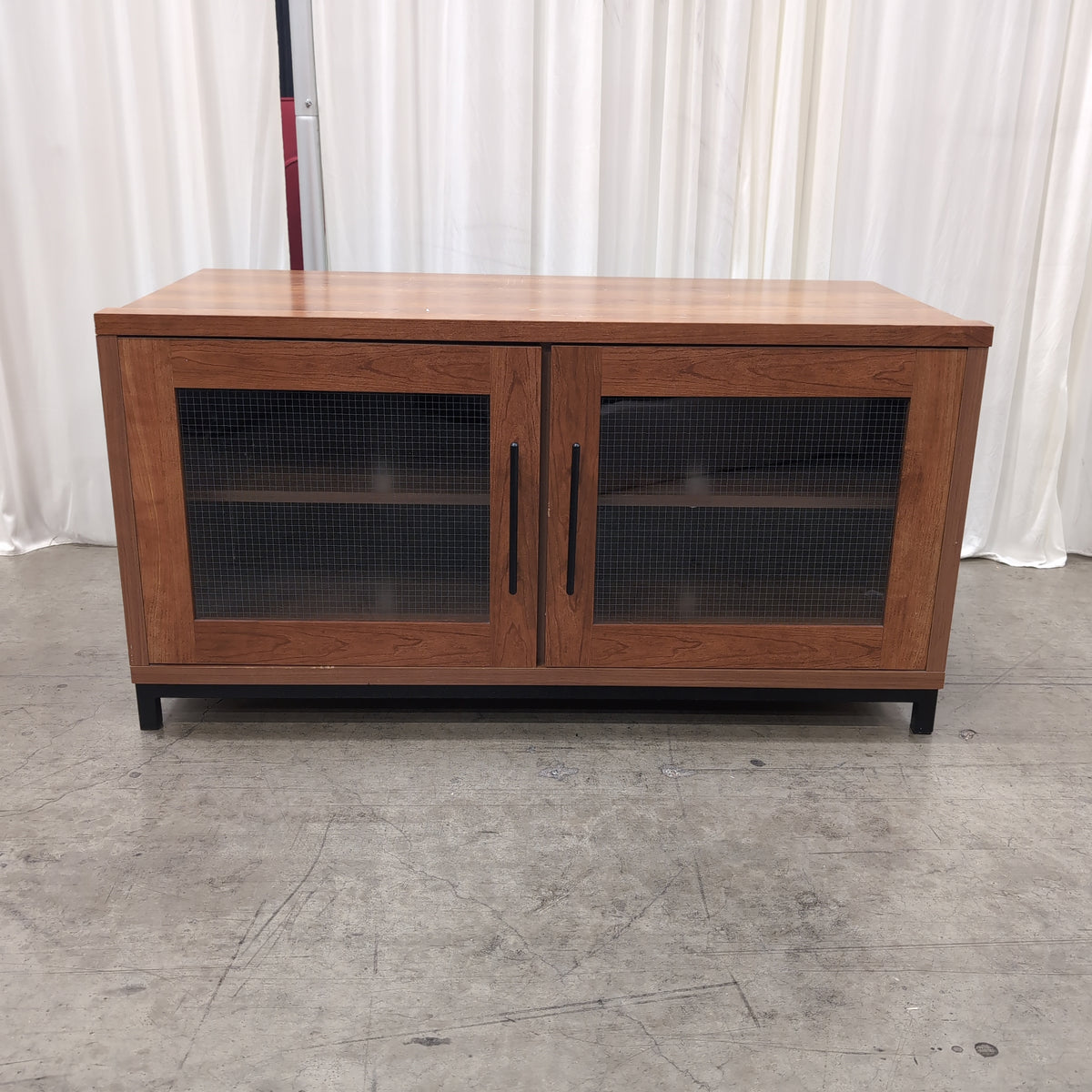 Rustic Industrial Wood-Look Two-Door TV Stand with Mesh Panels