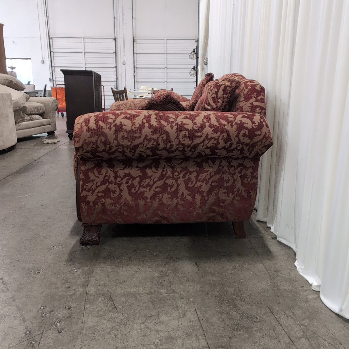 Ornate Red and Gold Damask Loveseat with Carved Wood