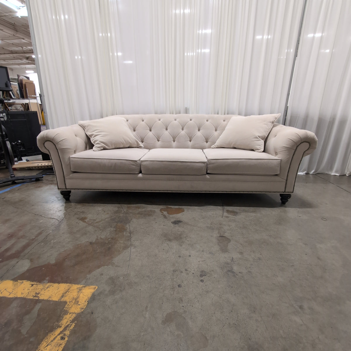 Light Beige Tufted Fabric Couch with Rolled Arms