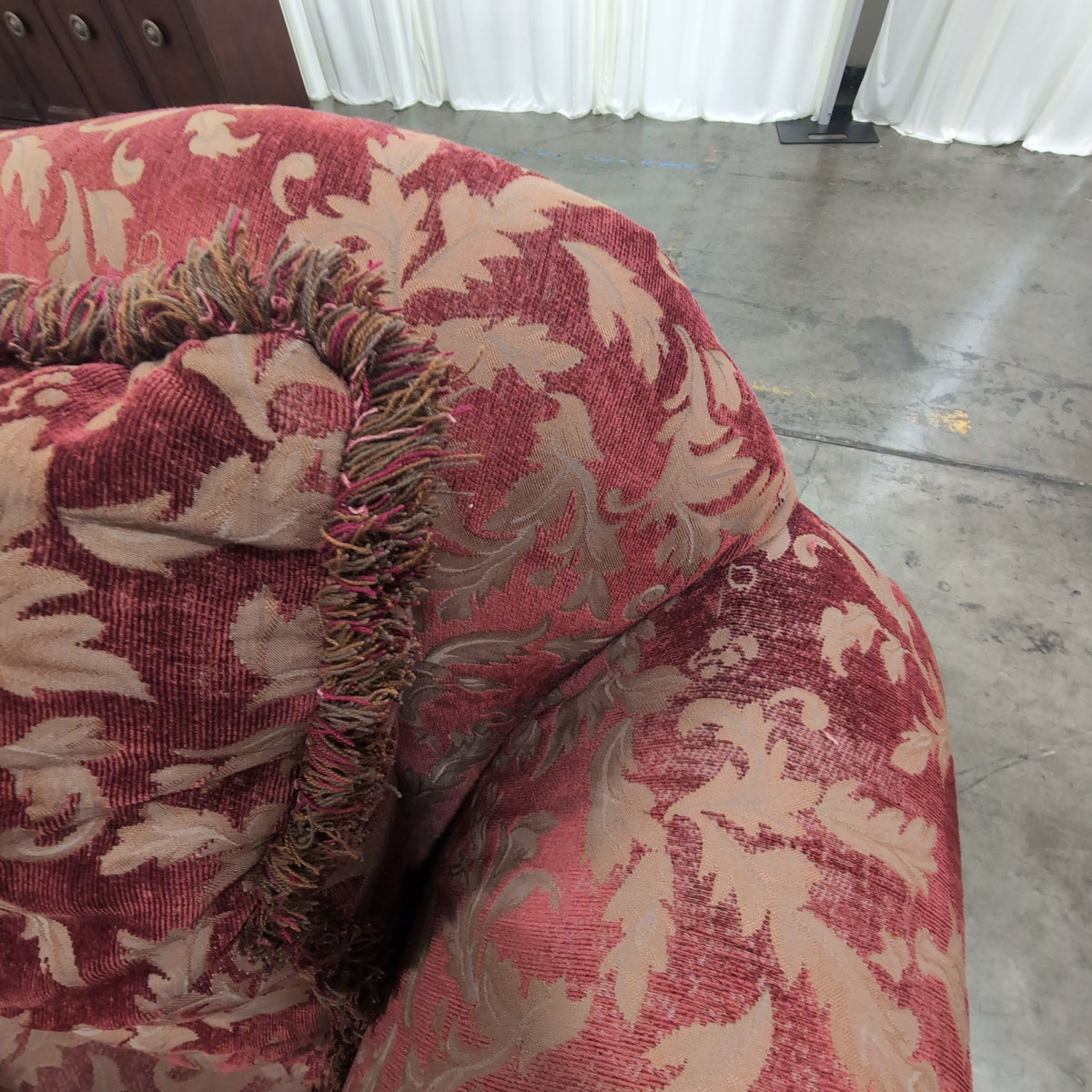 Traditional Red and Gold Brocade Couch with Carved Wood Frame