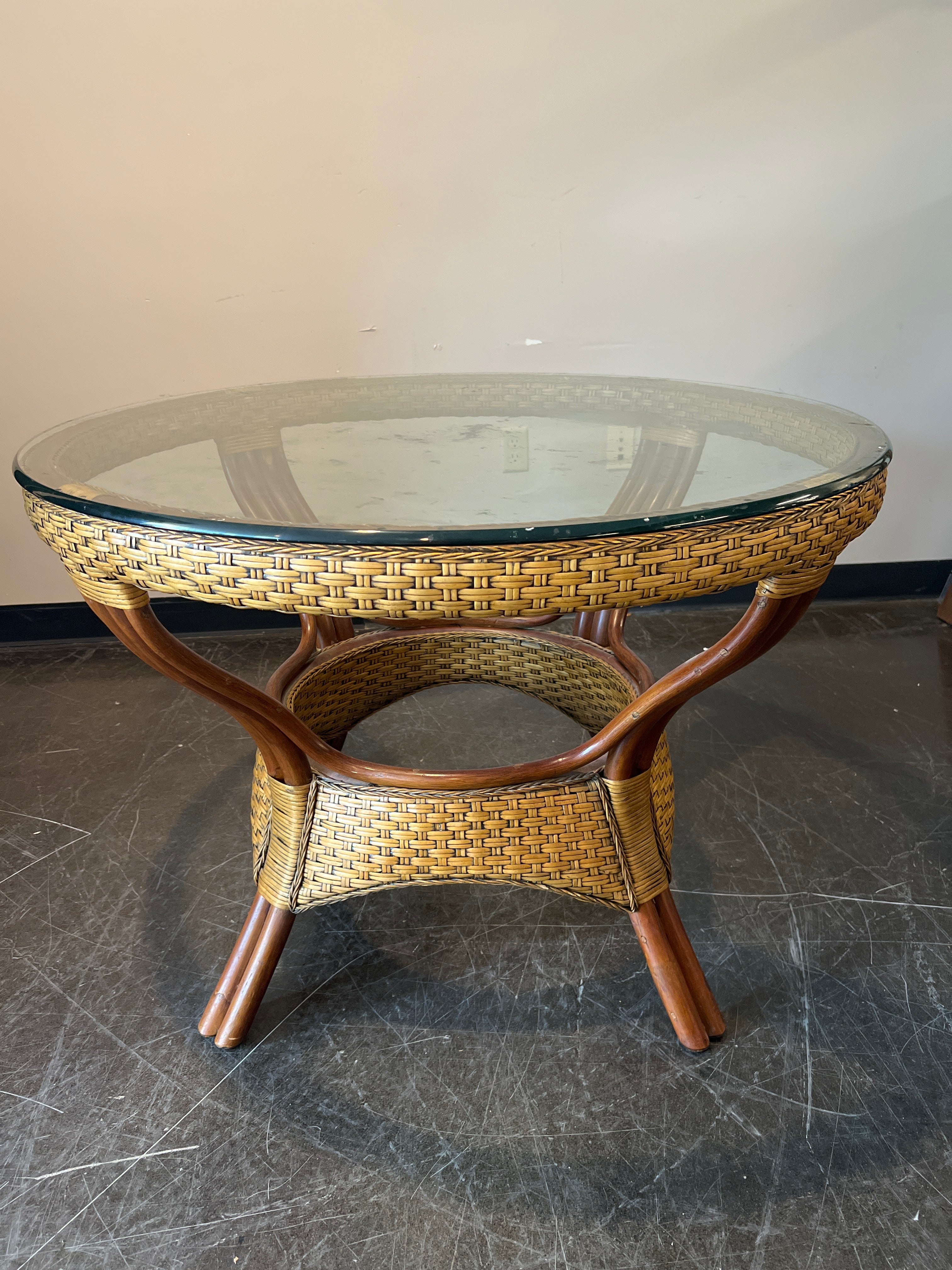 Round Rattan & Glass Dining Table