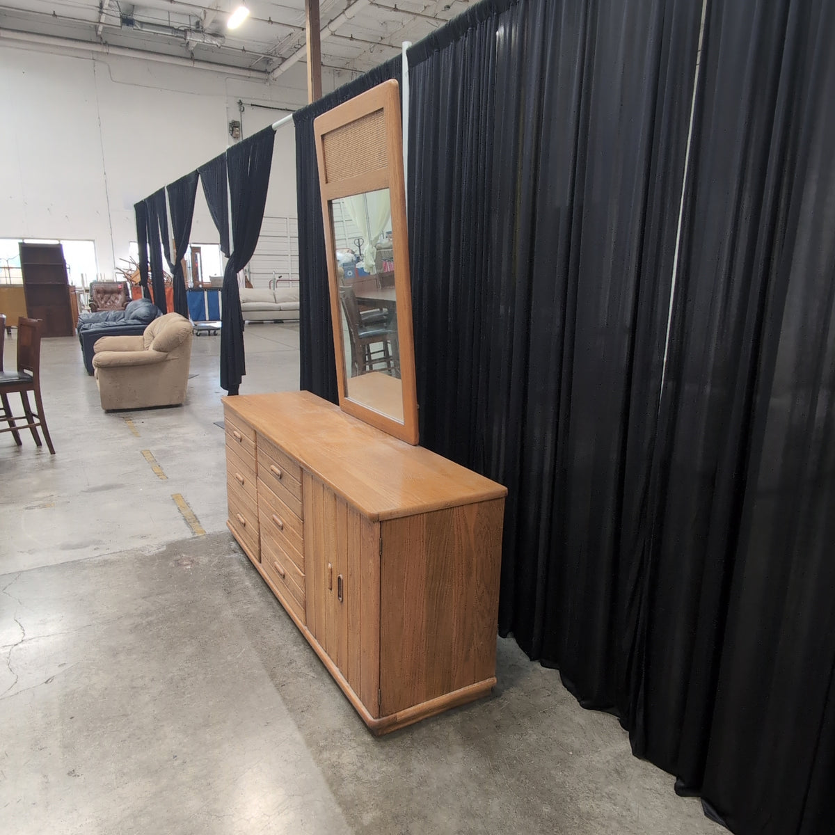 Mid-Century Style Light Wood Dresser with Cane Mirror