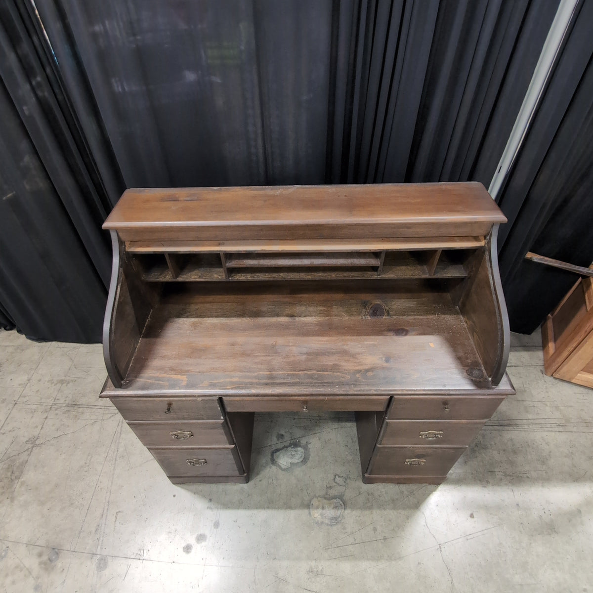 Traditional Dark Wood Roll-Top Desk with Drawers